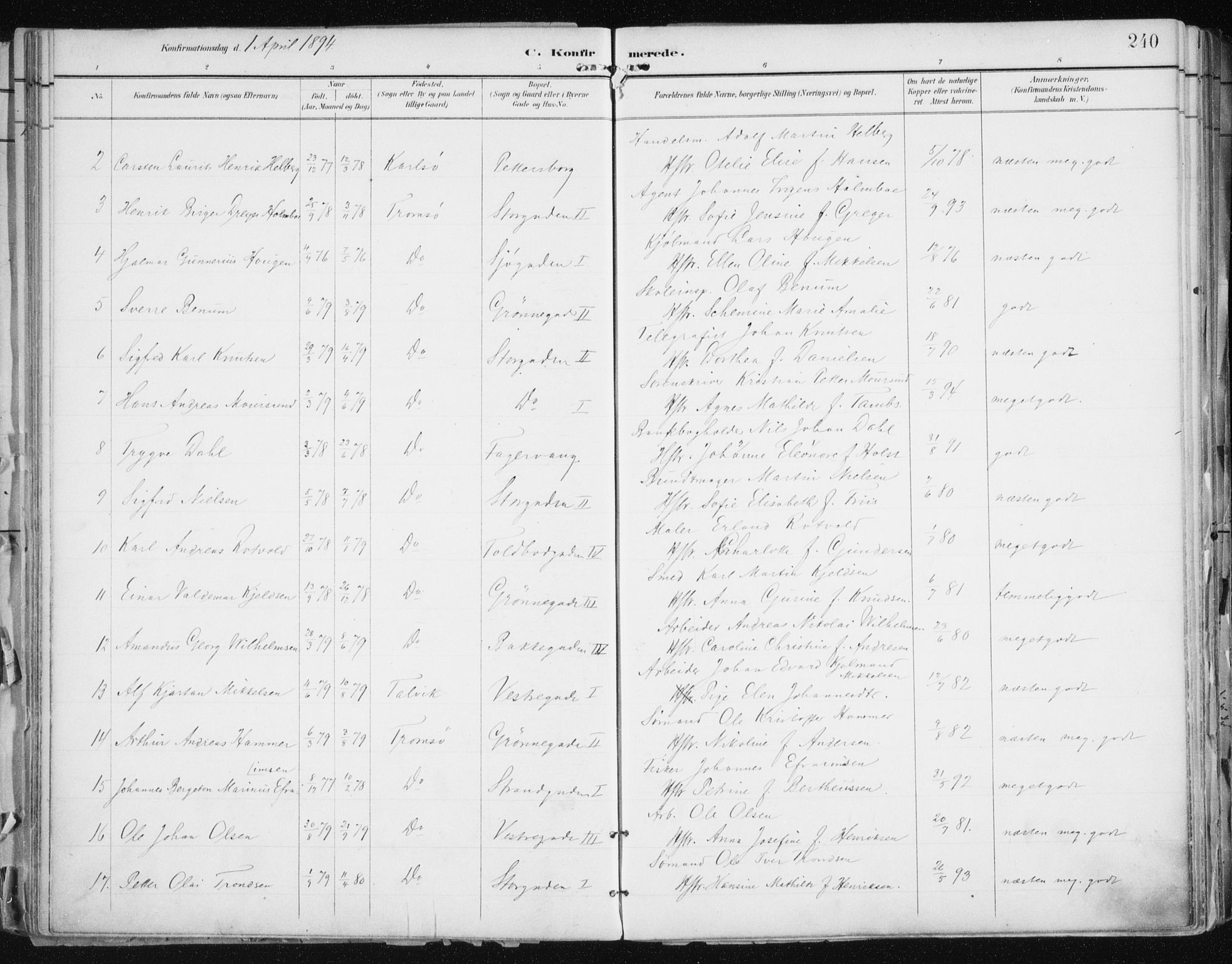 Tromsø sokneprestkontor/stiftsprosti/domprosti, AV/SATØ-S-1343/G/Ga/L0015kirke: Parish register (official) no. 15, 1889-1899, p. 240