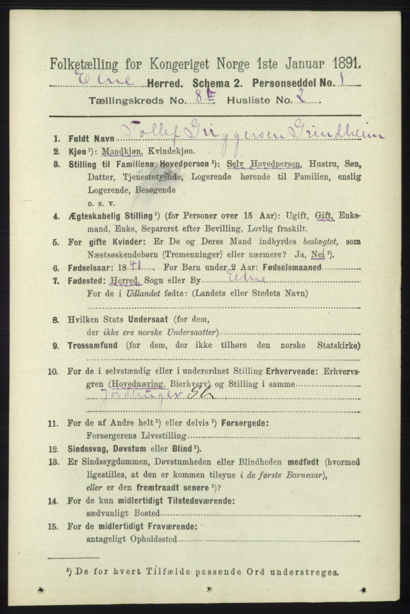 RA, 1891 census for 1211 Etne, 1891, p. 1620