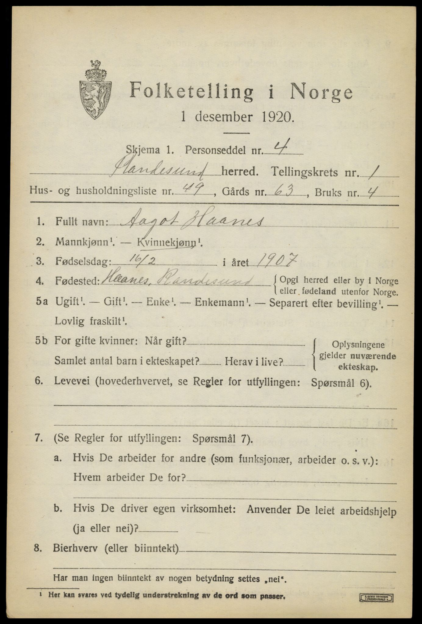 SAK, 1920 census for Randesund, 1920, p. 1066