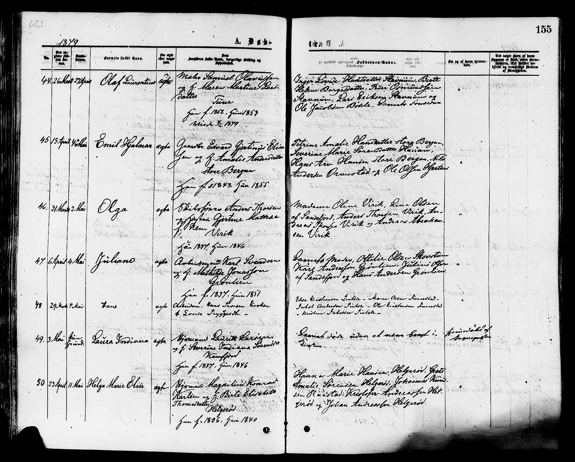 Sandar kirkebøker, SAKO/A-243/F/Fa/L0010: Parish register (official) no. 10, 1872-1882, p. 155