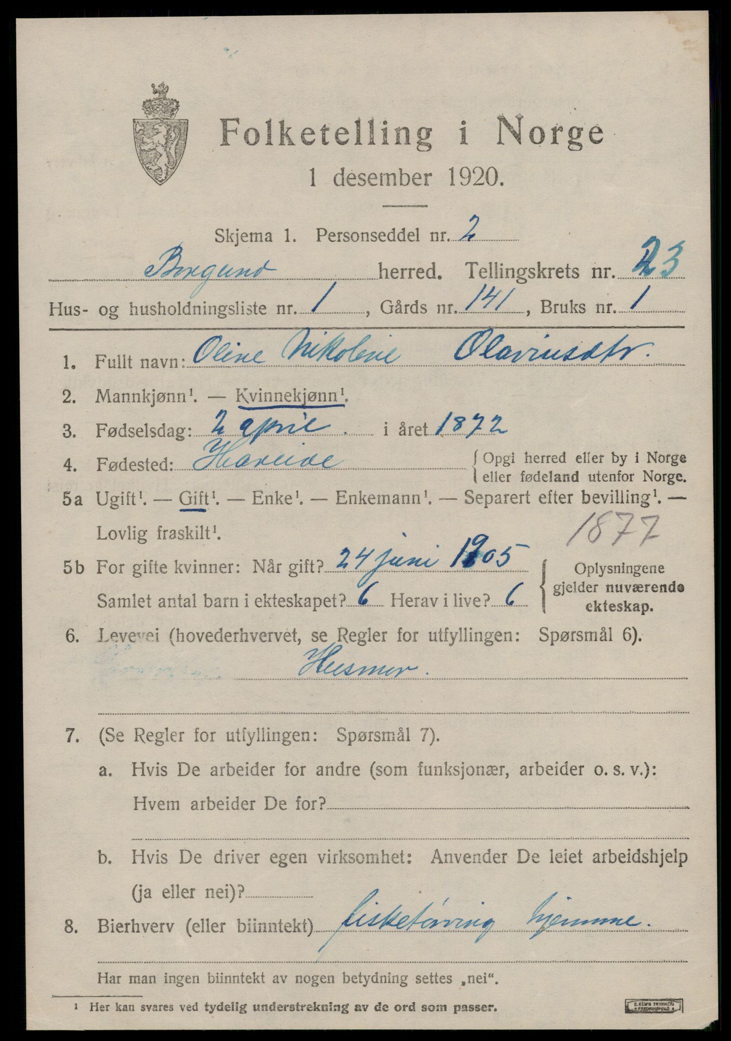 SAT, 1920 census for Borgund, 1920, p. 16336