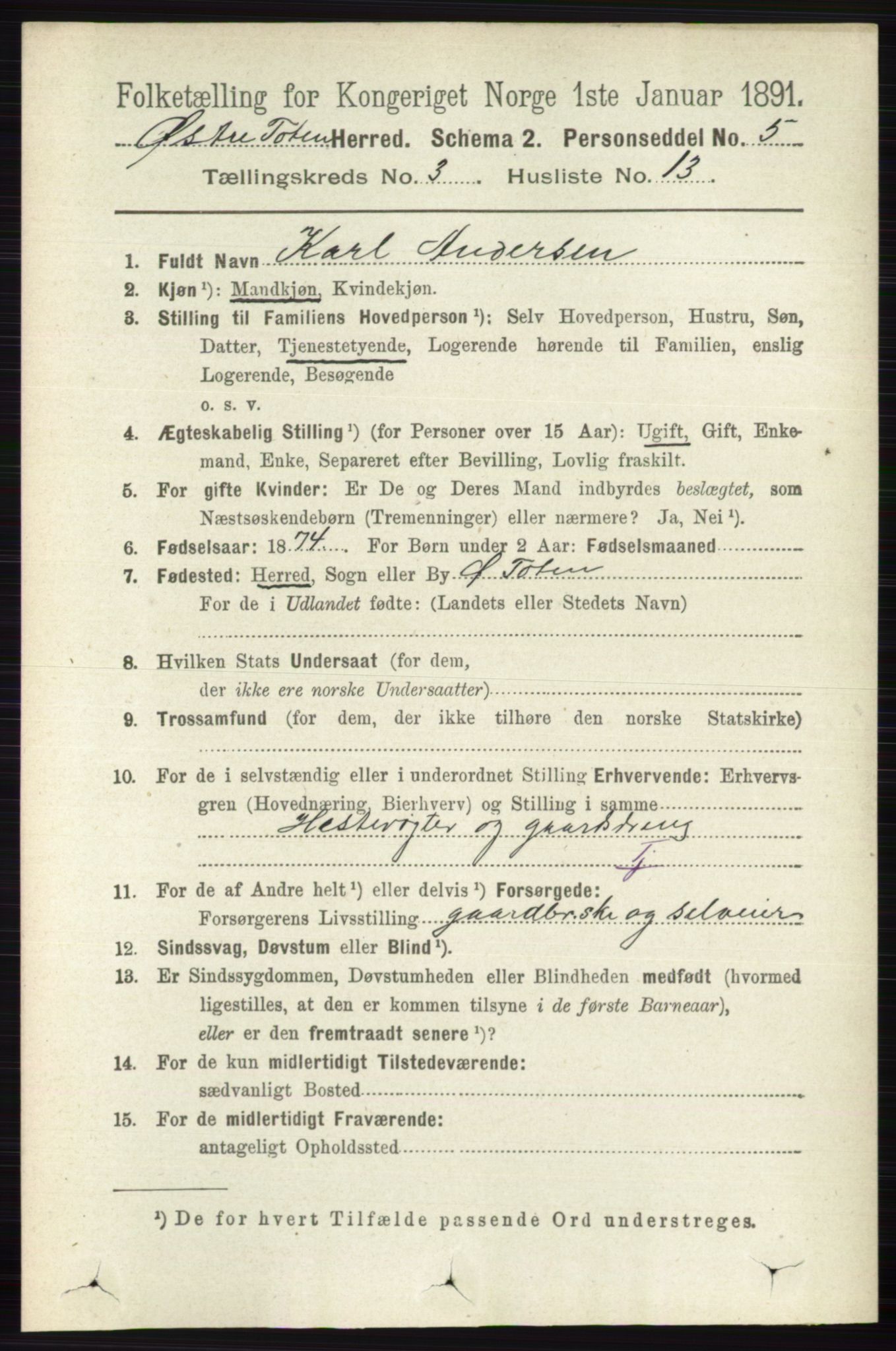 RA, 1891 census for 0528 Østre Toten, 1891, p. 1630