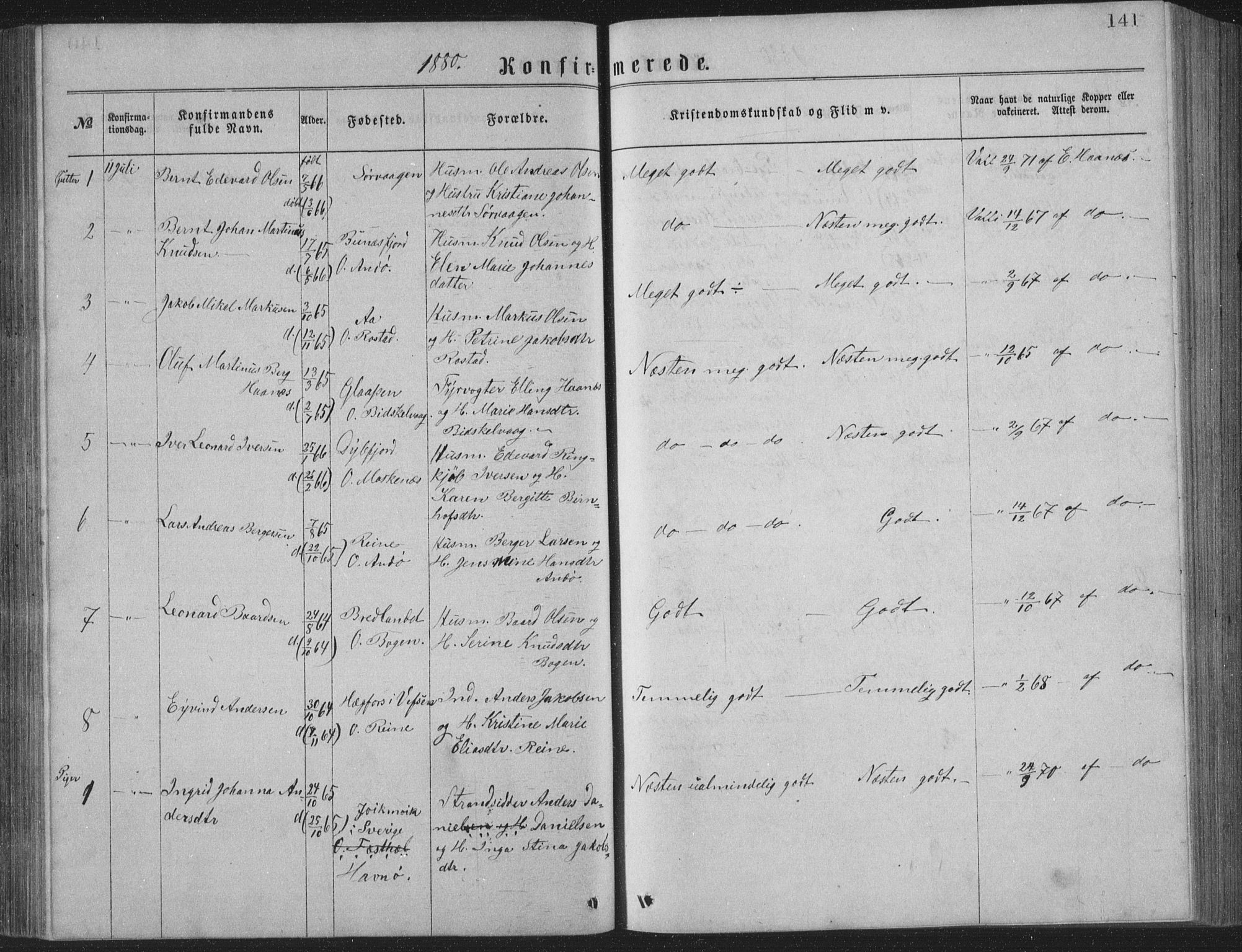 Ministerialprotokoller, klokkerbøker og fødselsregistre - Nordland, AV/SAT-A-1459/886/L1225: Parish register (copy) no. 886C02, 1874-1896, p. 141