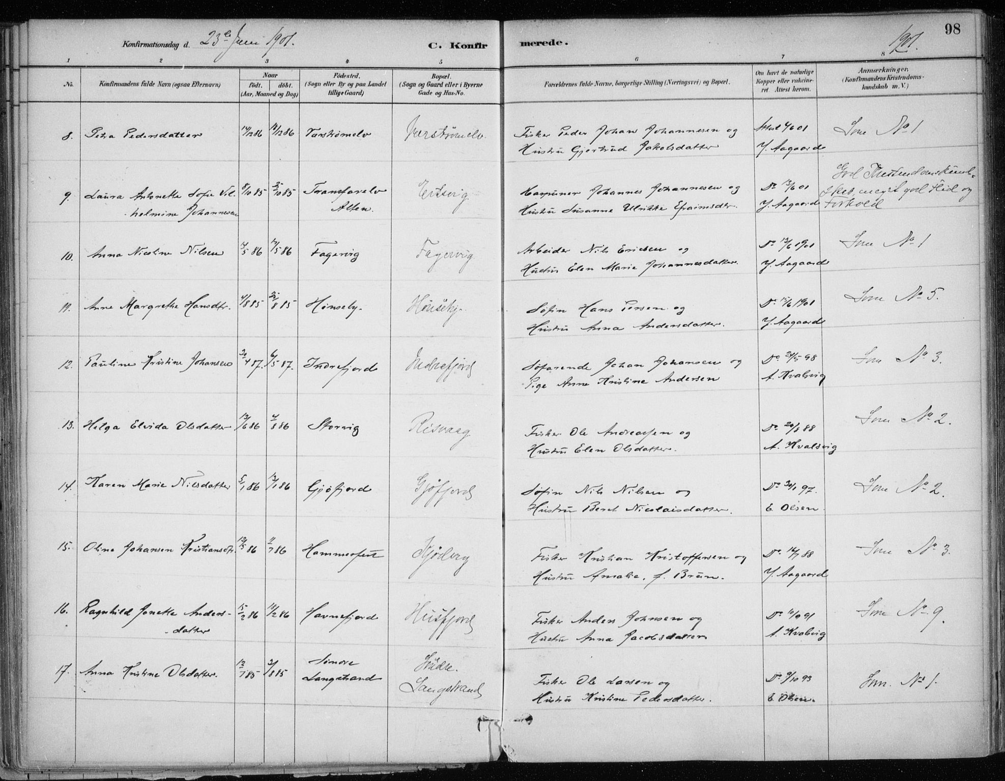 Hammerfest sokneprestkontor, AV/SATØ-S-1347/H/Ha/L0013.kirke: Parish register (official) no. 13, 1898-1917, p. 98