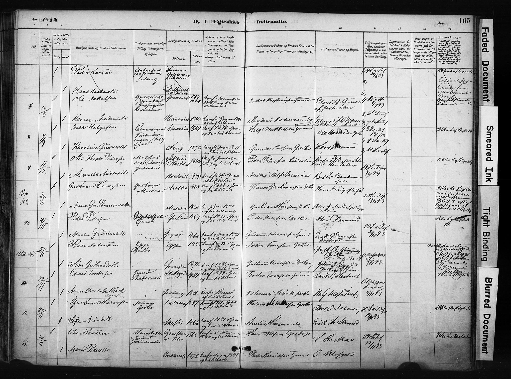 Gran prestekontor, AV/SAH-PREST-112/H/Ha/Haa/L0017: Parish register (official) no. 17, 1889-1897, p. 165