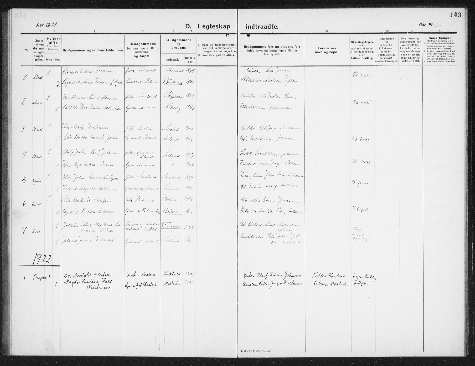 Ministerialprotokoller, klokkerbøker og fødselsregistre - Nordland, AV/SAT-A-1459/807/L0124: Parish register (copy) no. 807C02, 1910-1935, p. 143