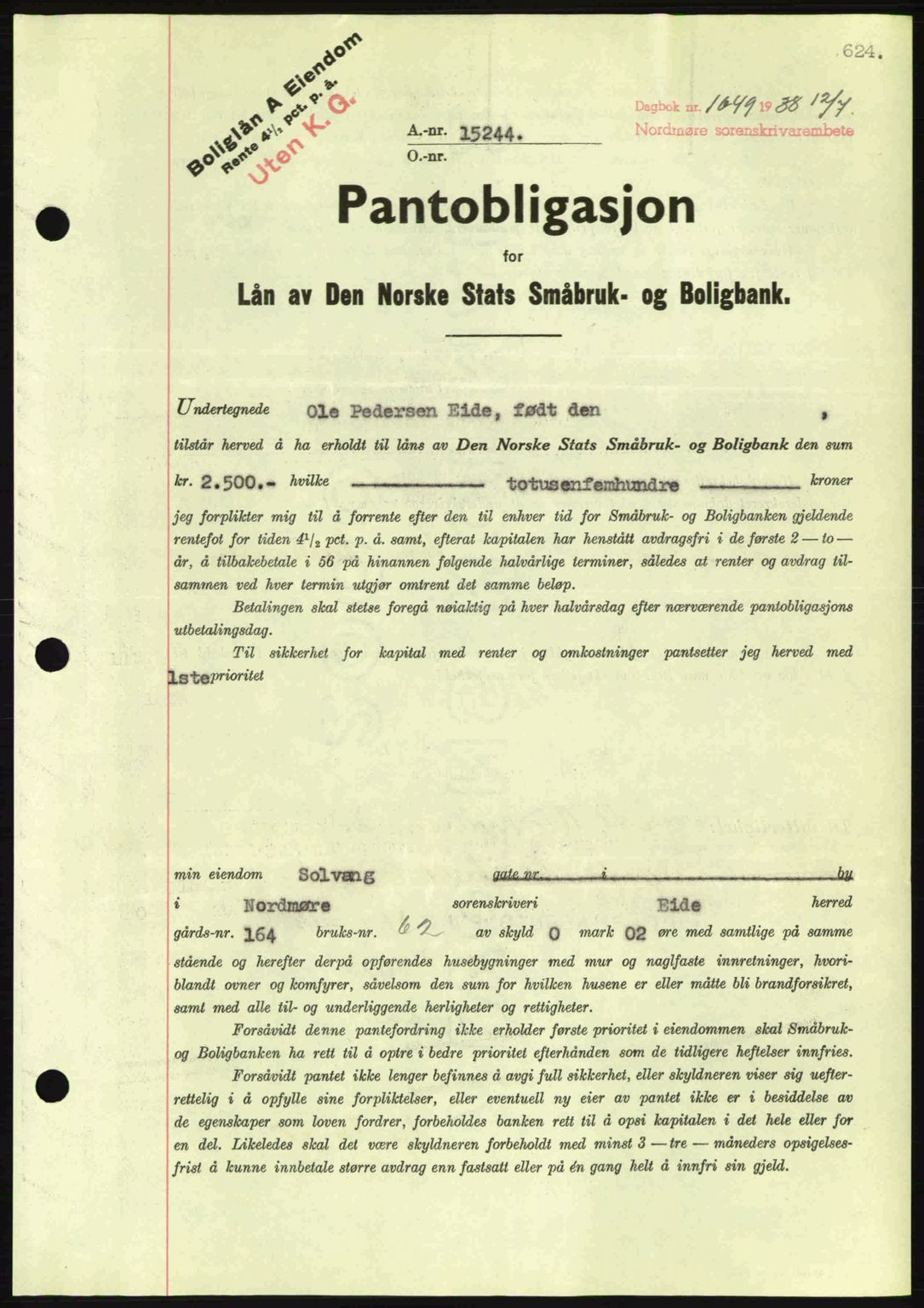 Nordmøre sorenskriveri, AV/SAT-A-4132/1/2/2Ca: Mortgage book no. B83, 1938-1938, Diary no: : 1649/1938