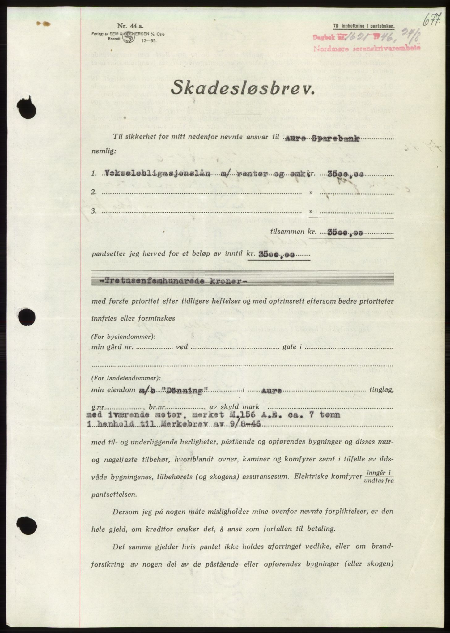 Nordmøre sorenskriveri, AV/SAT-A-4132/1/2/2Ca: Mortgage book no. B94, 1946-1946, Diary no: : 1621/1946