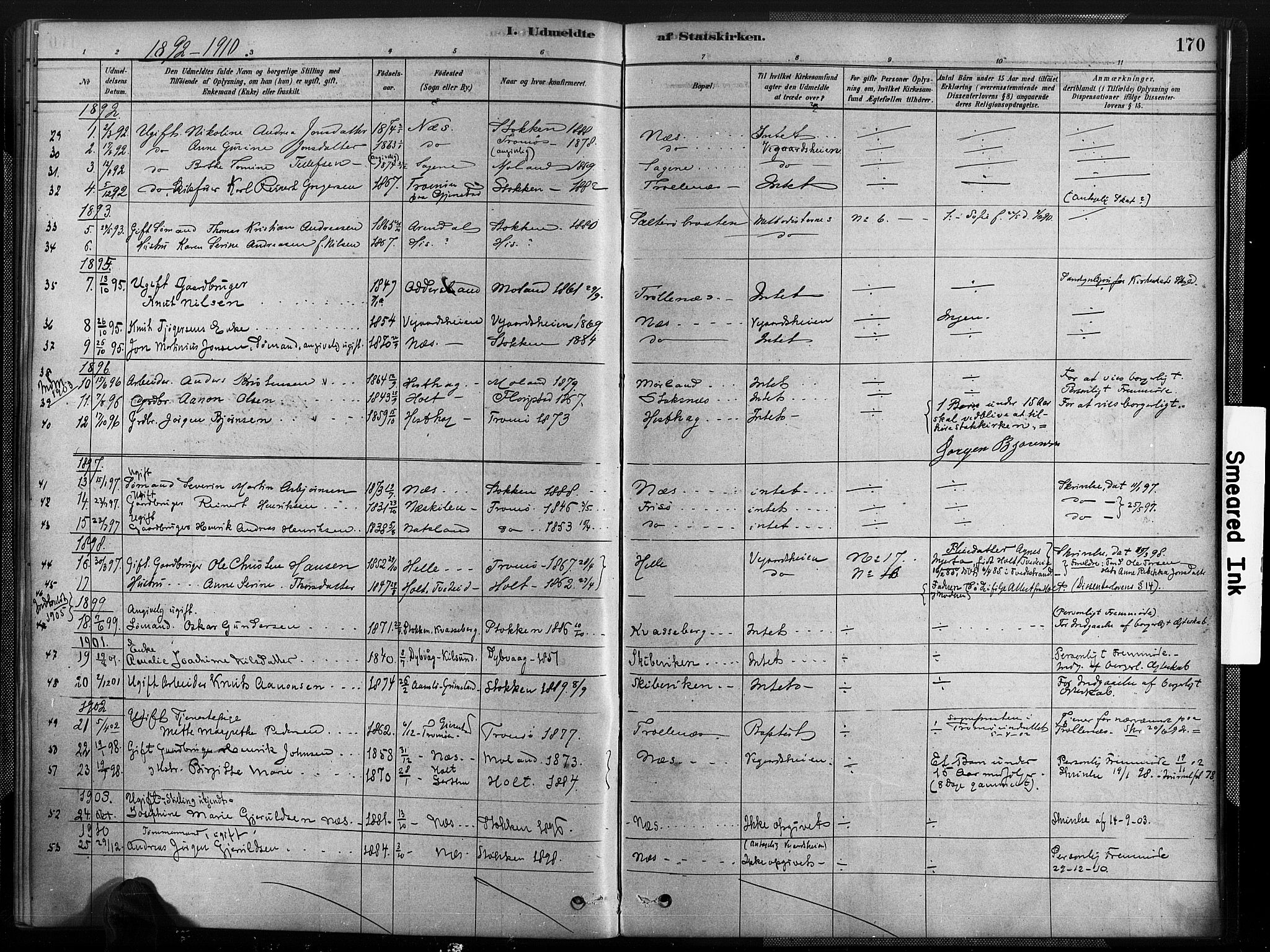 Austre Moland sokneprestkontor, SAK/1111-0001/F/Fa/Fab/L0001: Parish register (official) no. A 1, 1878-1898, p. 170
