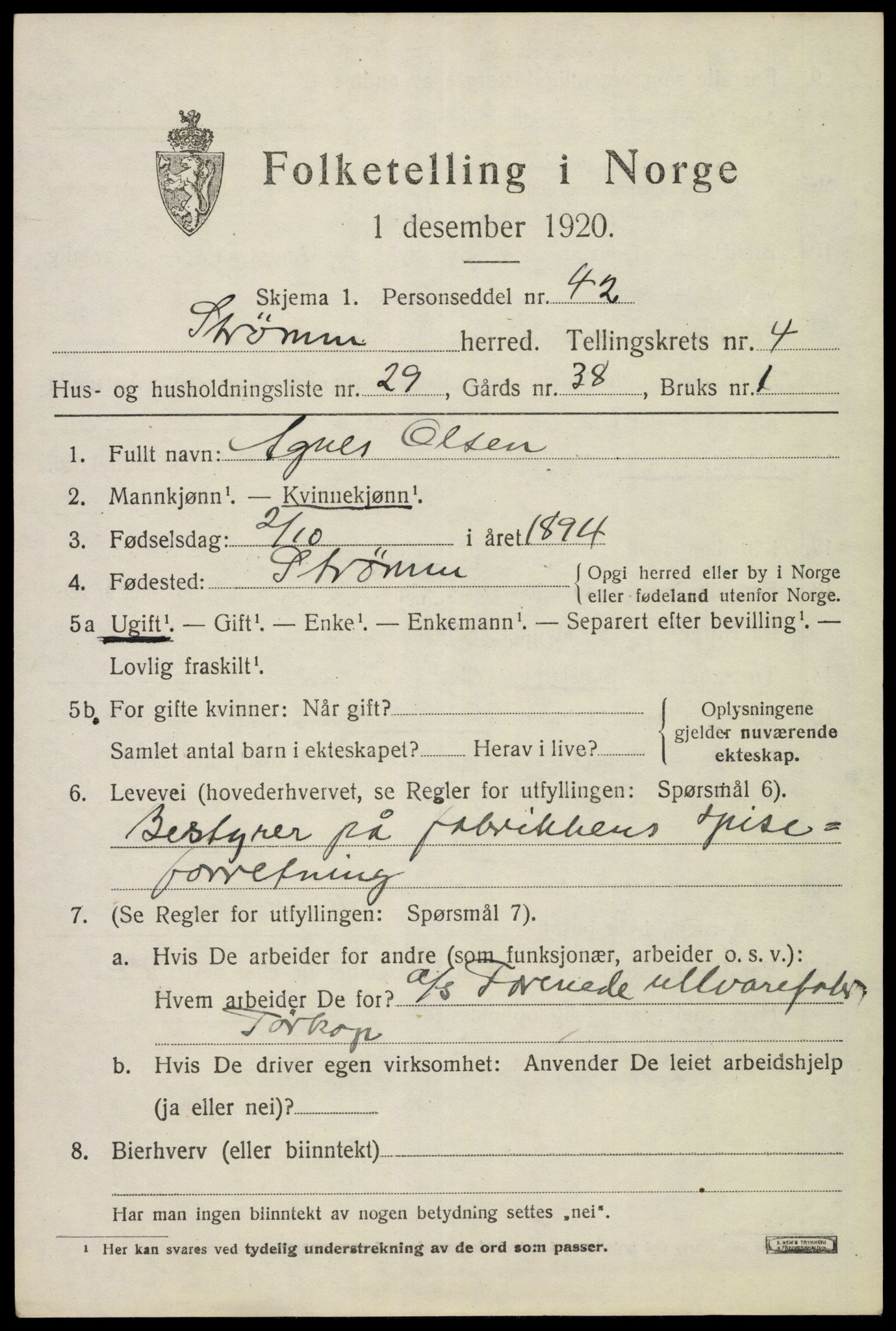 SAKO, 1920 census for Strømm, 1920, p. 3509