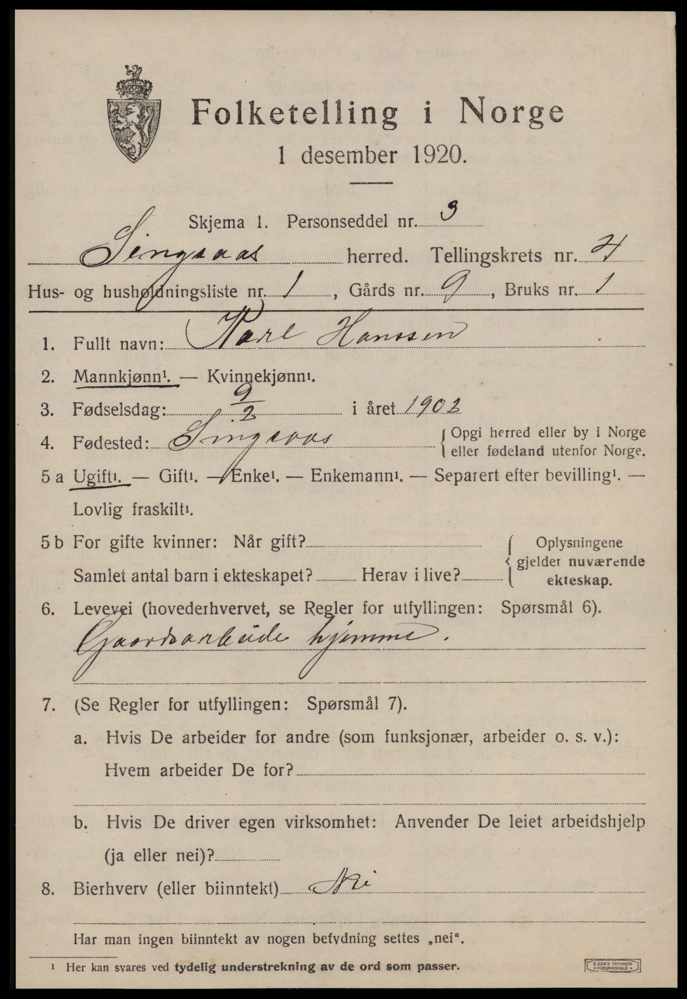 SAT, 1920 census for Singsås, 1920, p. 2121