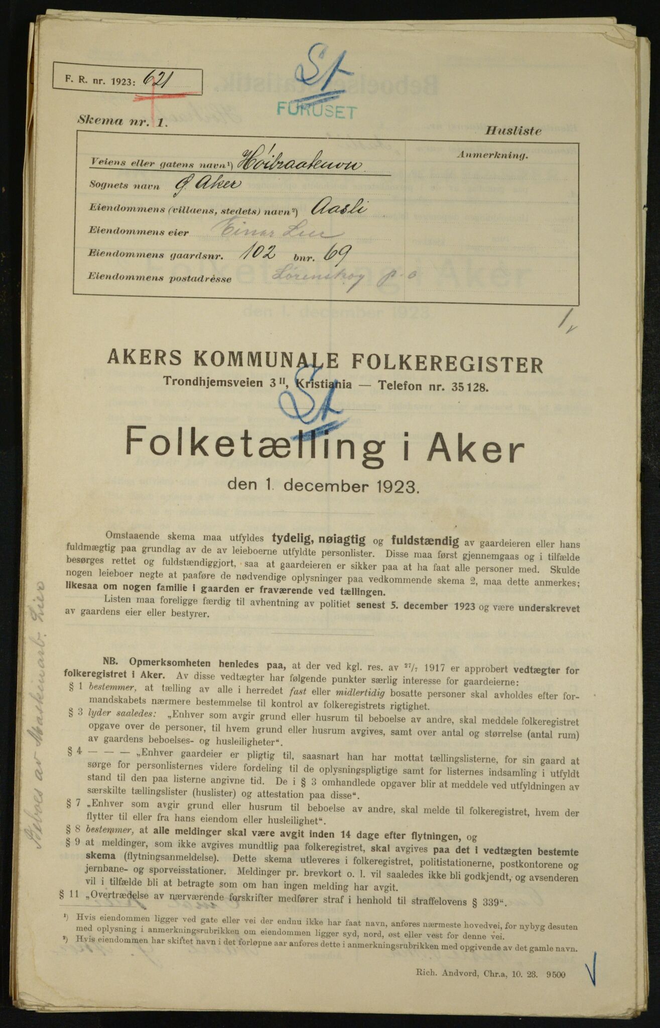 , Municipal Census 1923 for Aker, 1923, p. 27279