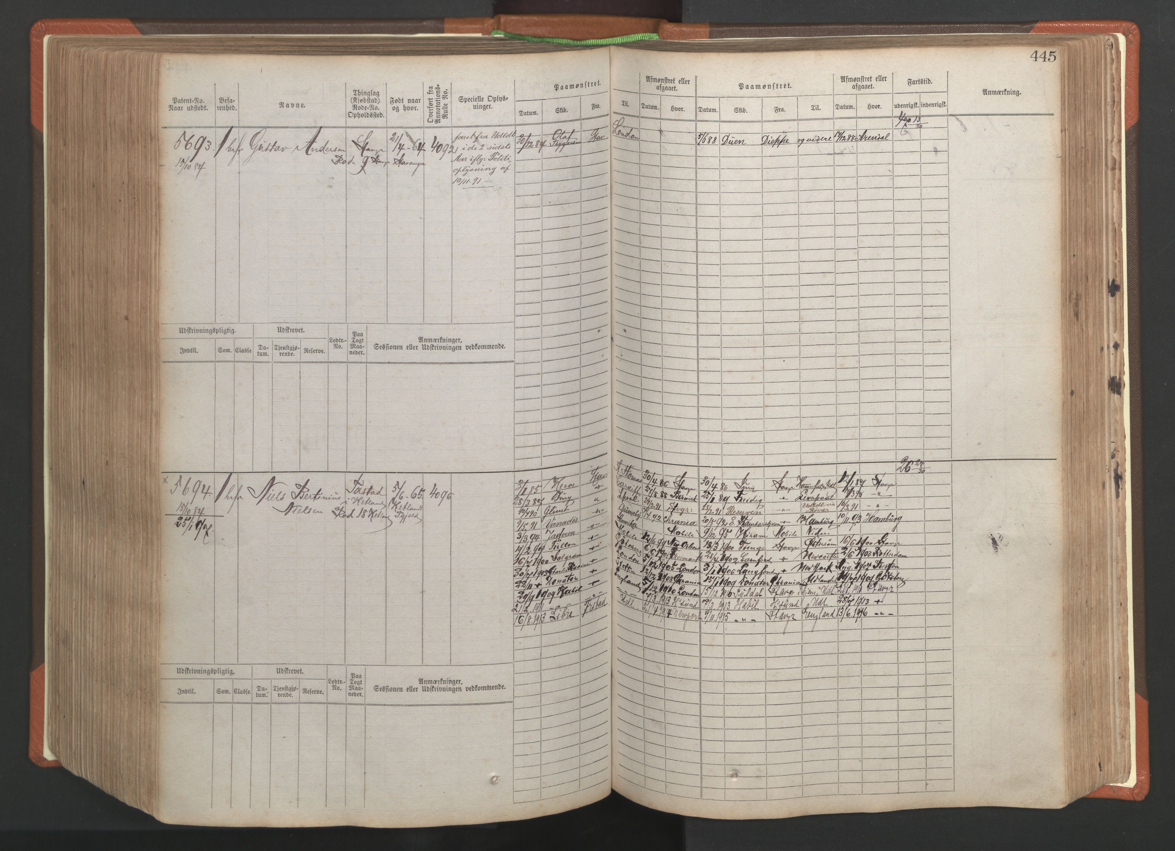 Stavanger sjømannskontor, AV/SAST-A-102006/F/Fb/Fbb/L0009: Sjøfartshovedrulle, patentnr. 4805-6006, 1879-1887, p. 451