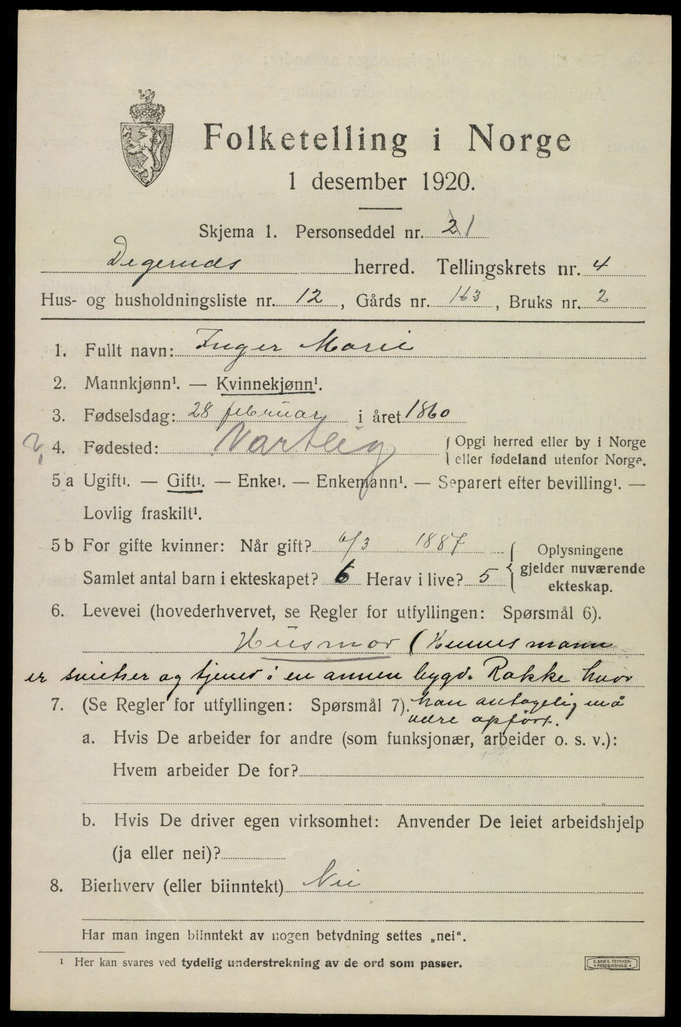 SAO, 1920 census for Degernes, 1920, p. 2438