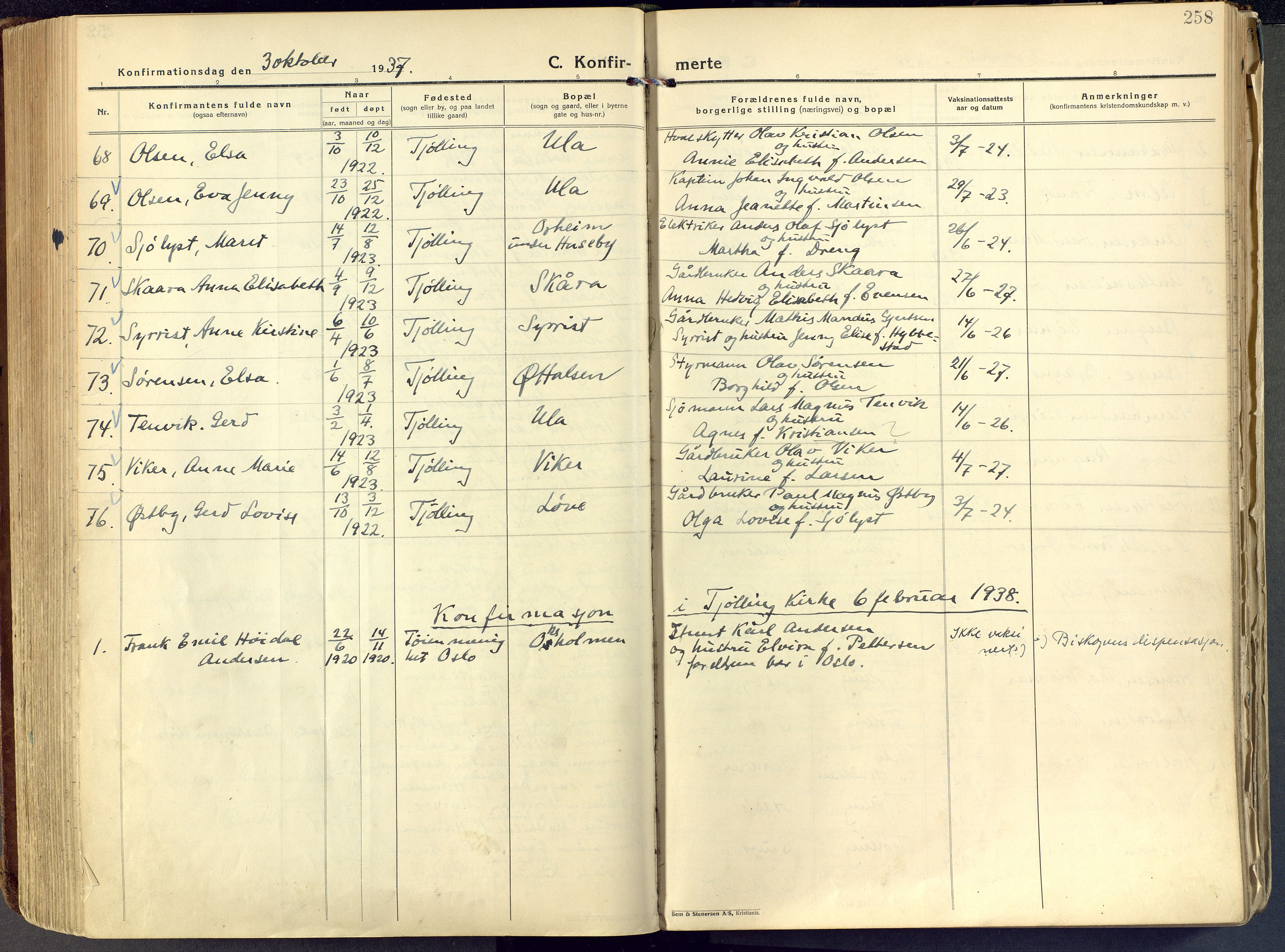 Tjølling kirkebøker, SAKO/A-60/F/Fa/L0011: Parish register (official) no. 11, 1924-1943, p. 258