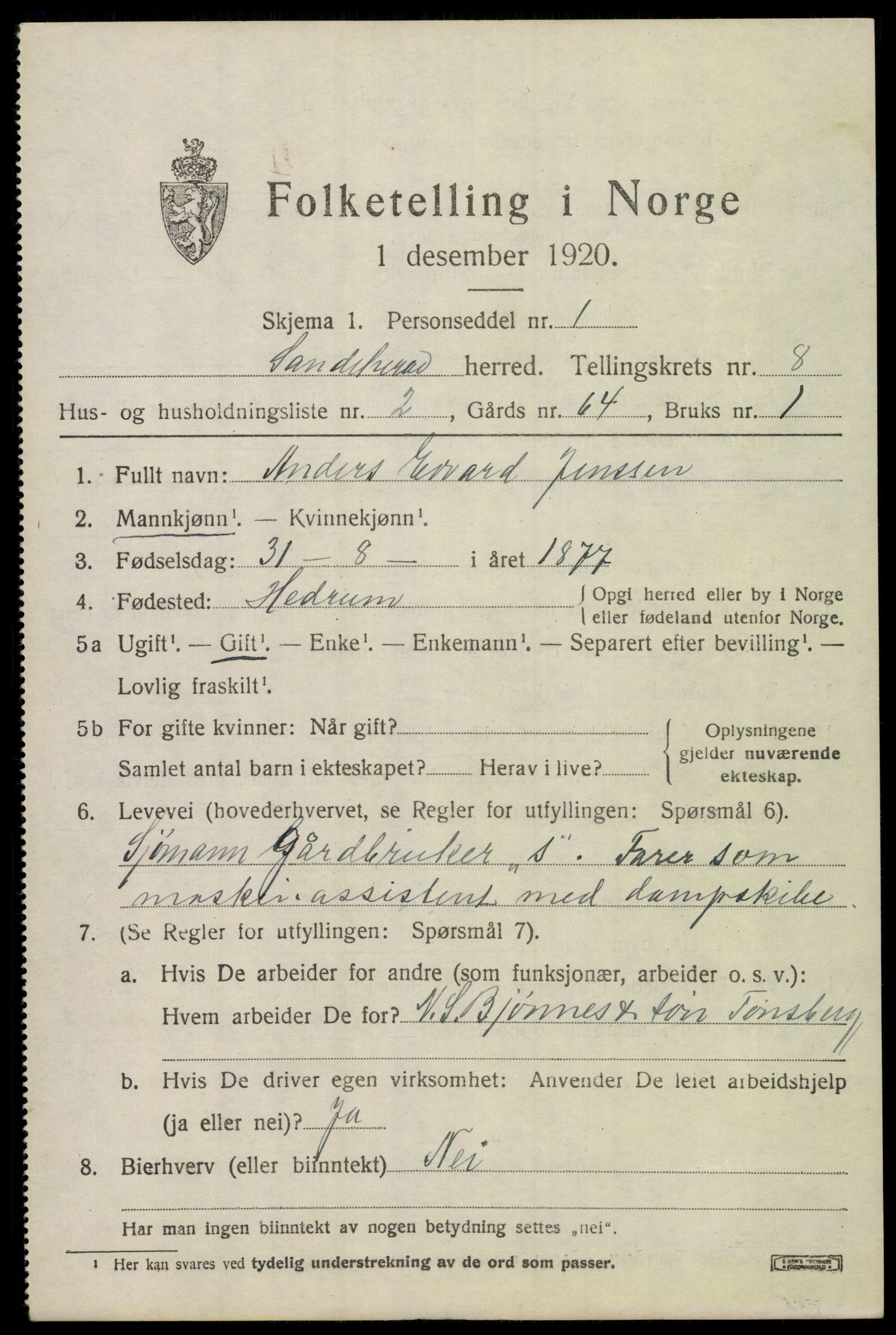 SAKO, 1920 census for Sandeherred, 1920, p. 12718