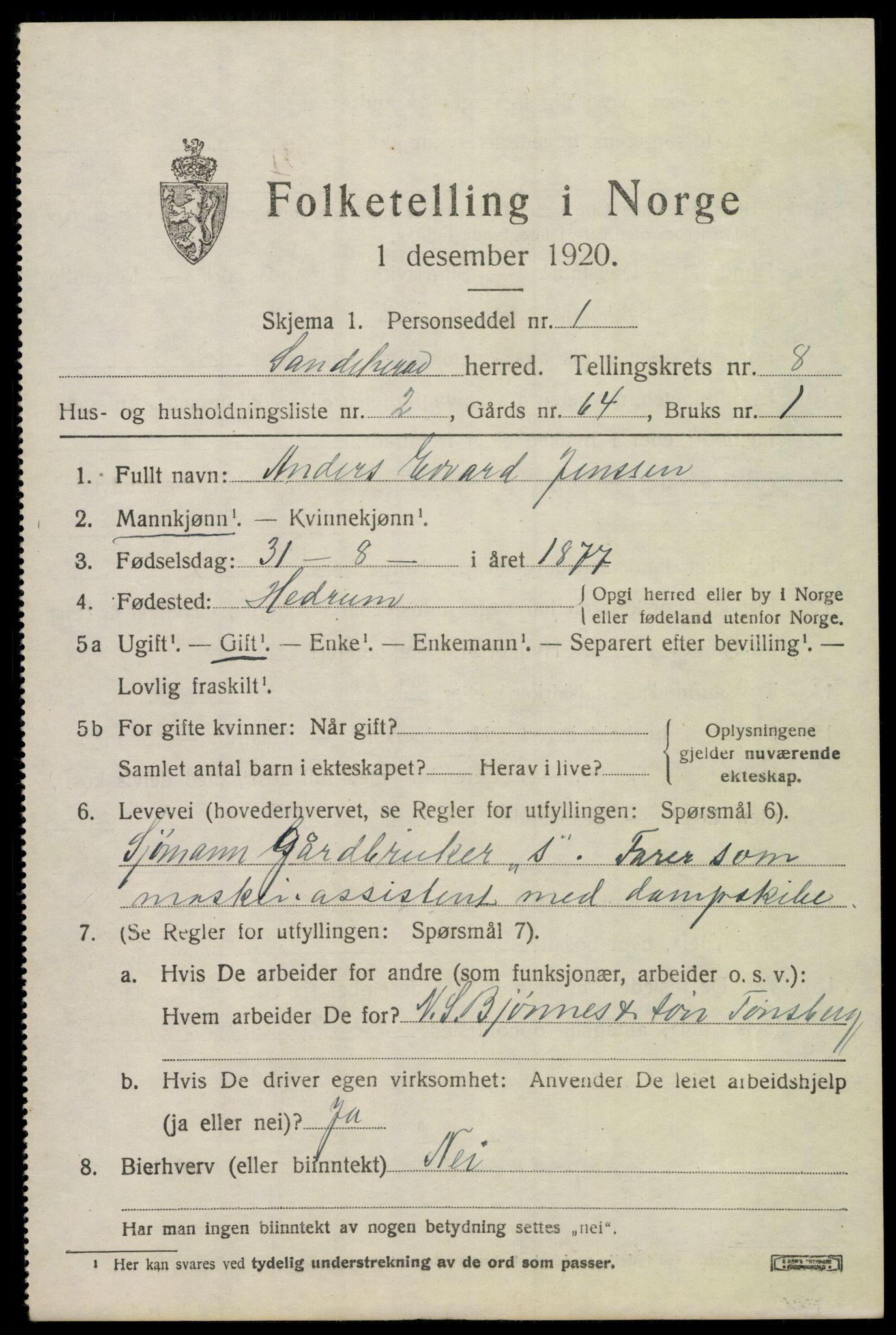 SAKO, 1920 census for Sandeherred, 1920, p. 12718
