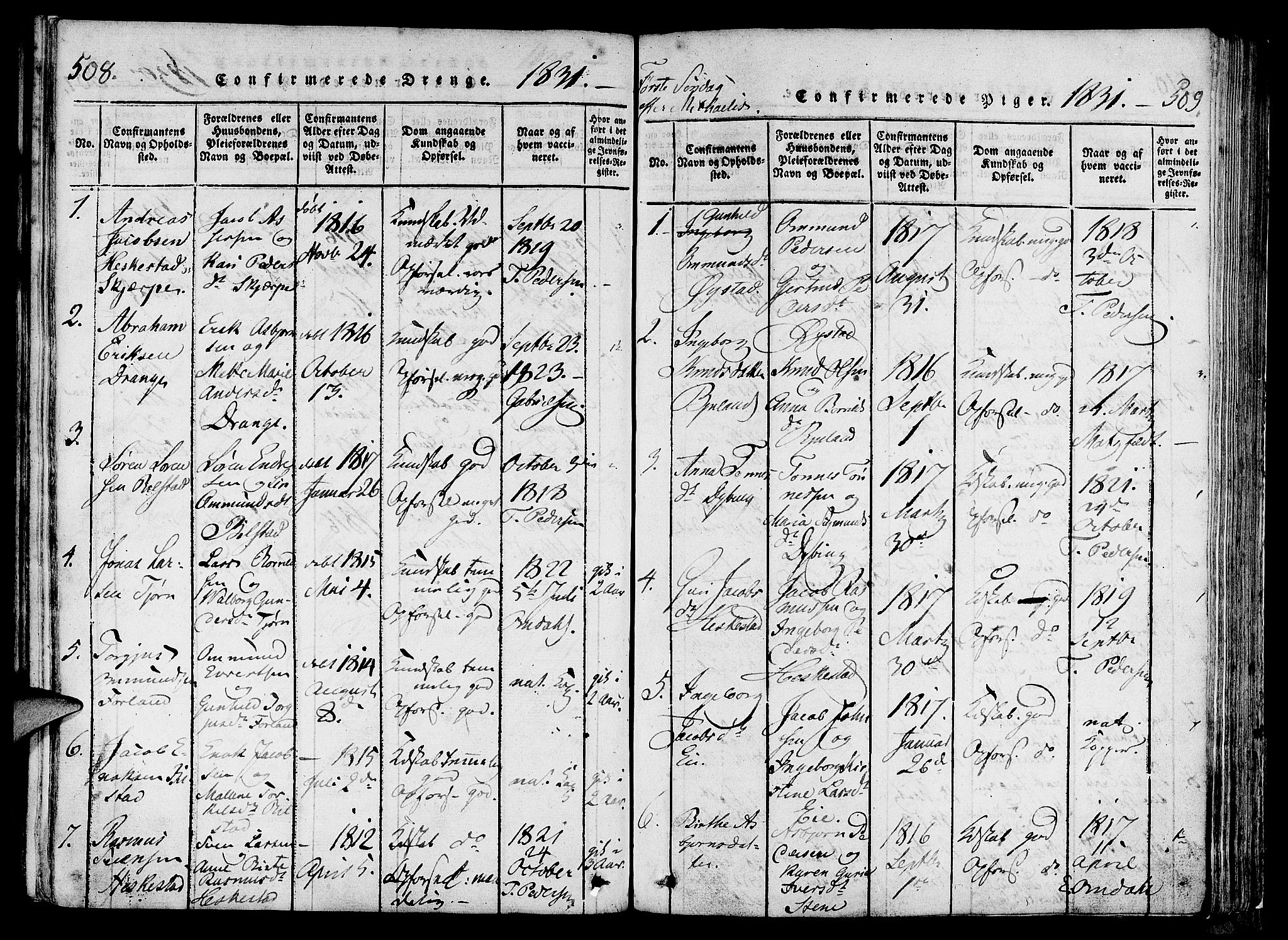 Lund sokneprestkontor, SAST/A-101809/S06/L0006: Parish register (official) no. A 6, 1816-1839, p. 508-509