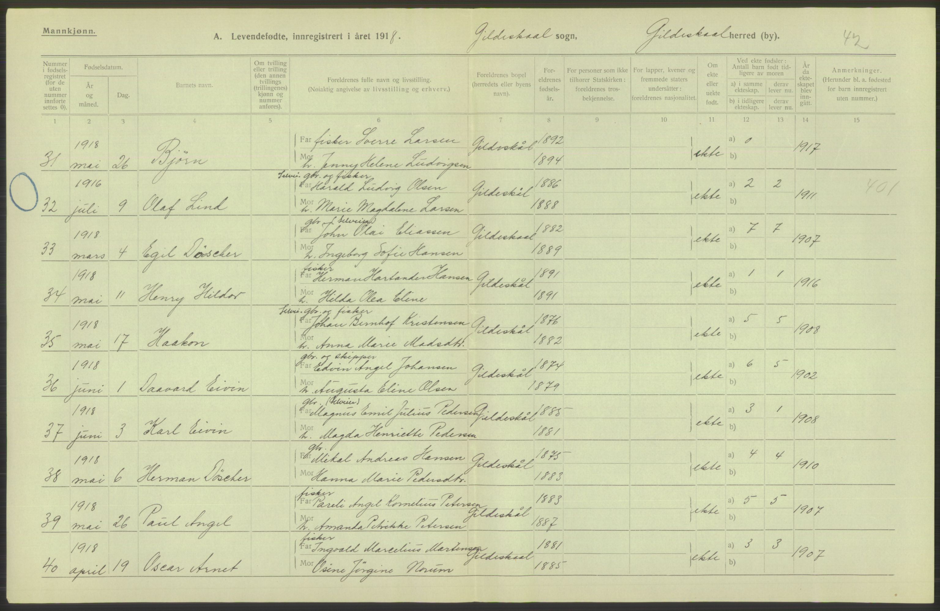 Statistisk sentralbyrå, Sosiodemografiske emner, Befolkning, AV/RA-S-2228/D/Df/Dfb/Dfbh/L0052: Nordland fylke: Levendefødte menn og kvinner. Bygder., 1918, p. 552