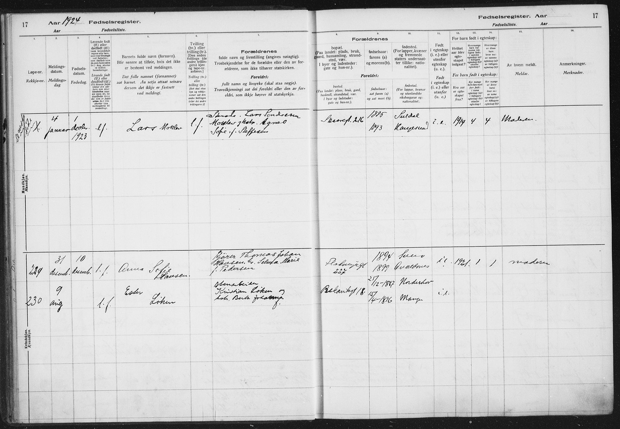 Haugesund sokneprestkontor, SAST/A -101863/I/Id/L0005: Birth register no. 3, 1923-1929, p. 17