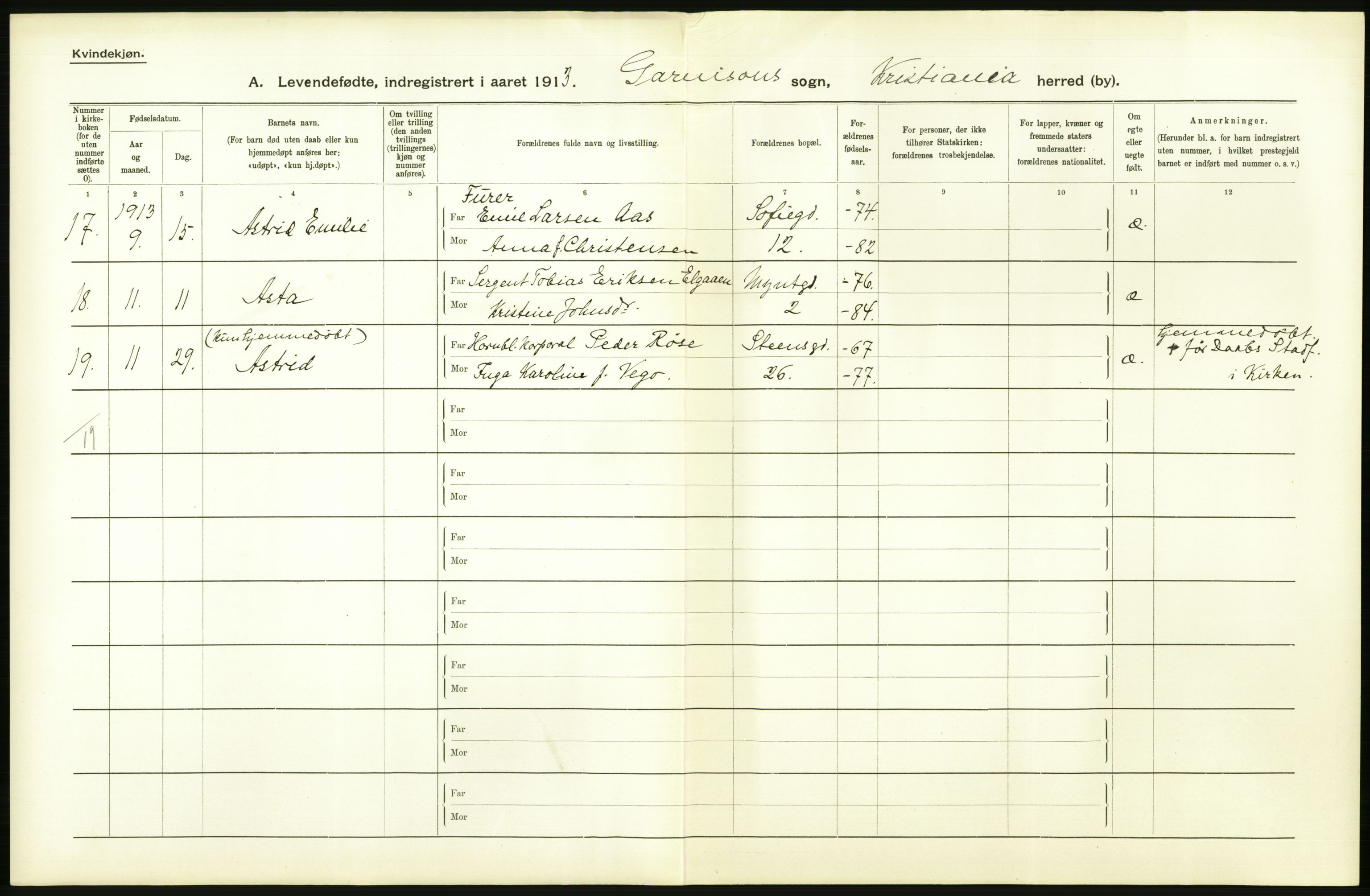 Statistisk sentralbyrå, Sosiodemografiske emner, Befolkning, AV/RA-S-2228/D/Df/Dfb/Dfbc/L0007: Kristiania: Levendefødte menn og kvinner., 1913, p. 742