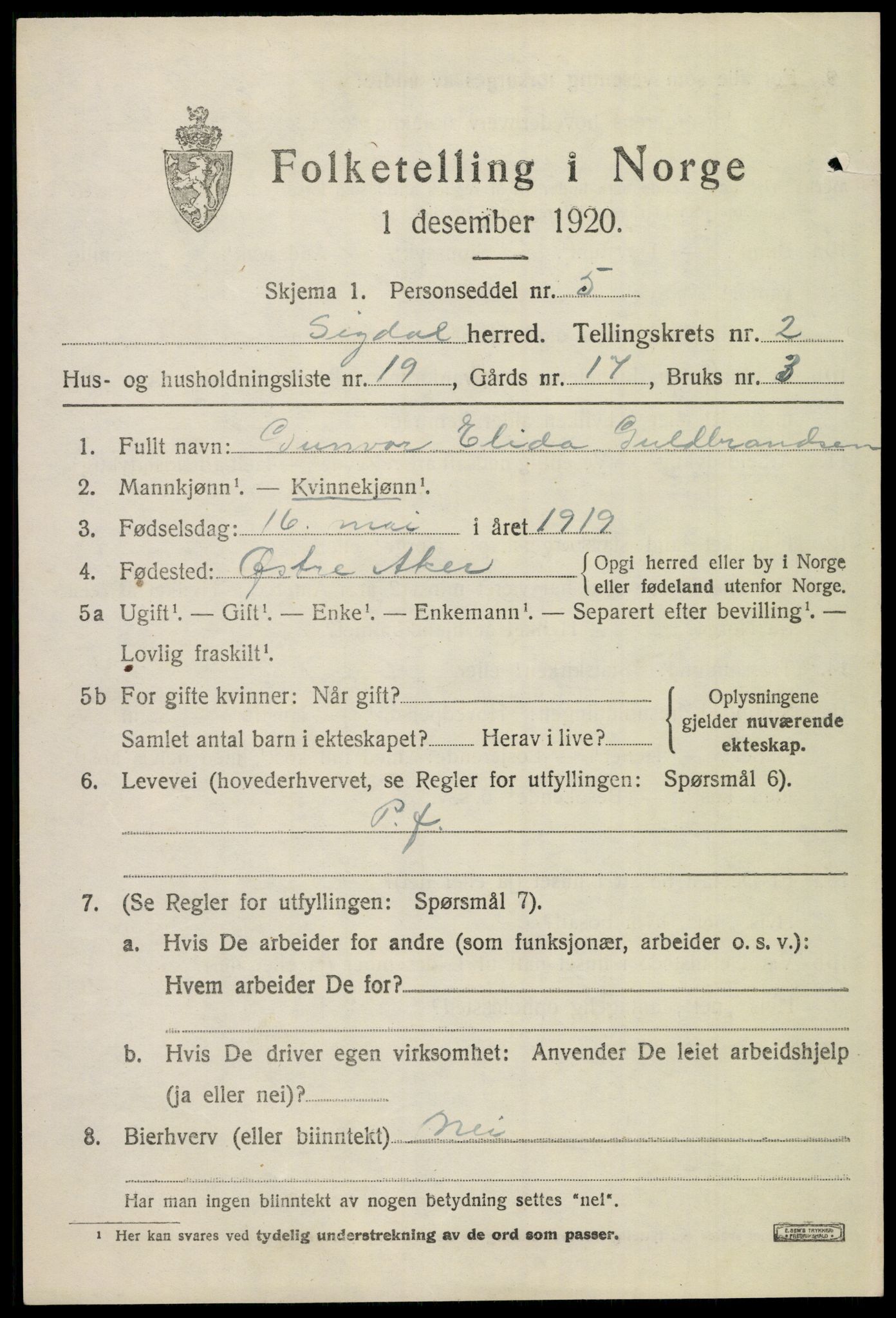 SAKO, 1920 census for Sigdal, 1920, p. 2234