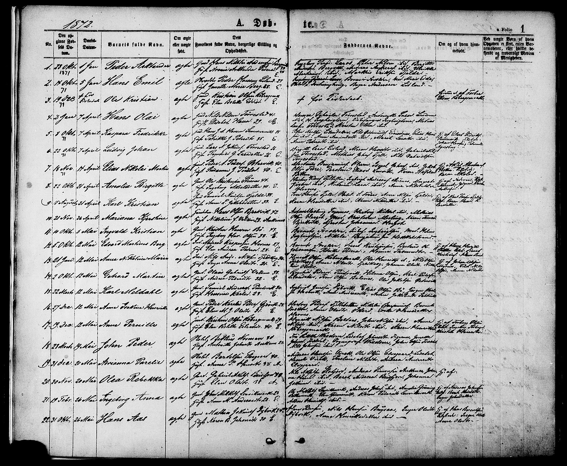 Ministerialprotokoller, klokkerbøker og fødselsregistre - Nordland, AV/SAT-A-1459/863/L0897: Parish register (official) no. 863A09, 1872-1886, p. 1