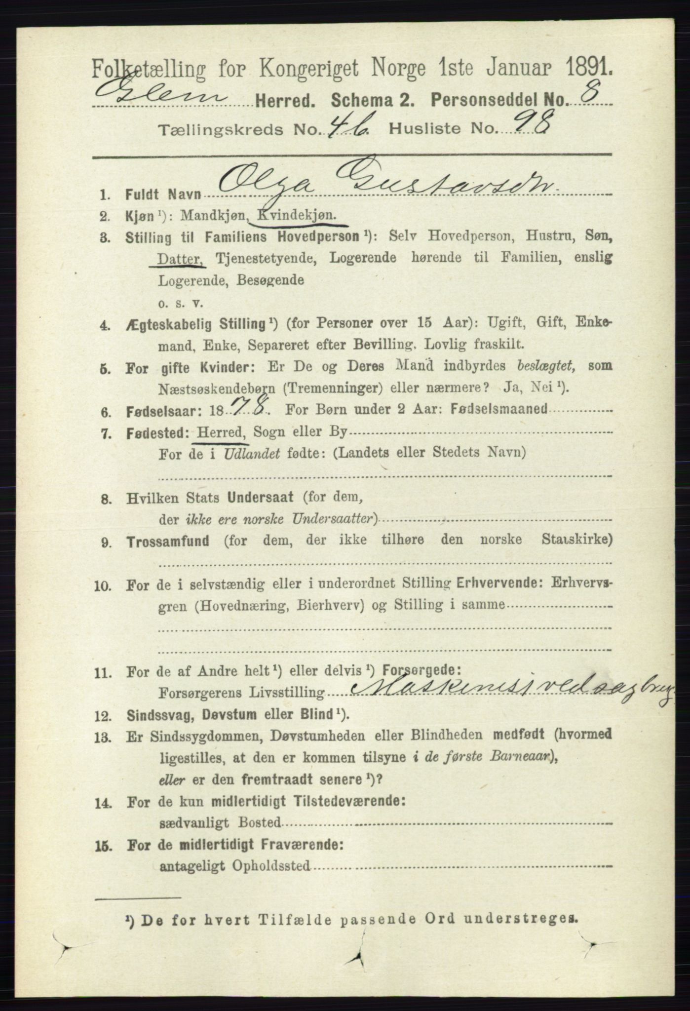 RA, 1891 census for 0132 Glemmen, 1891, p. 5884