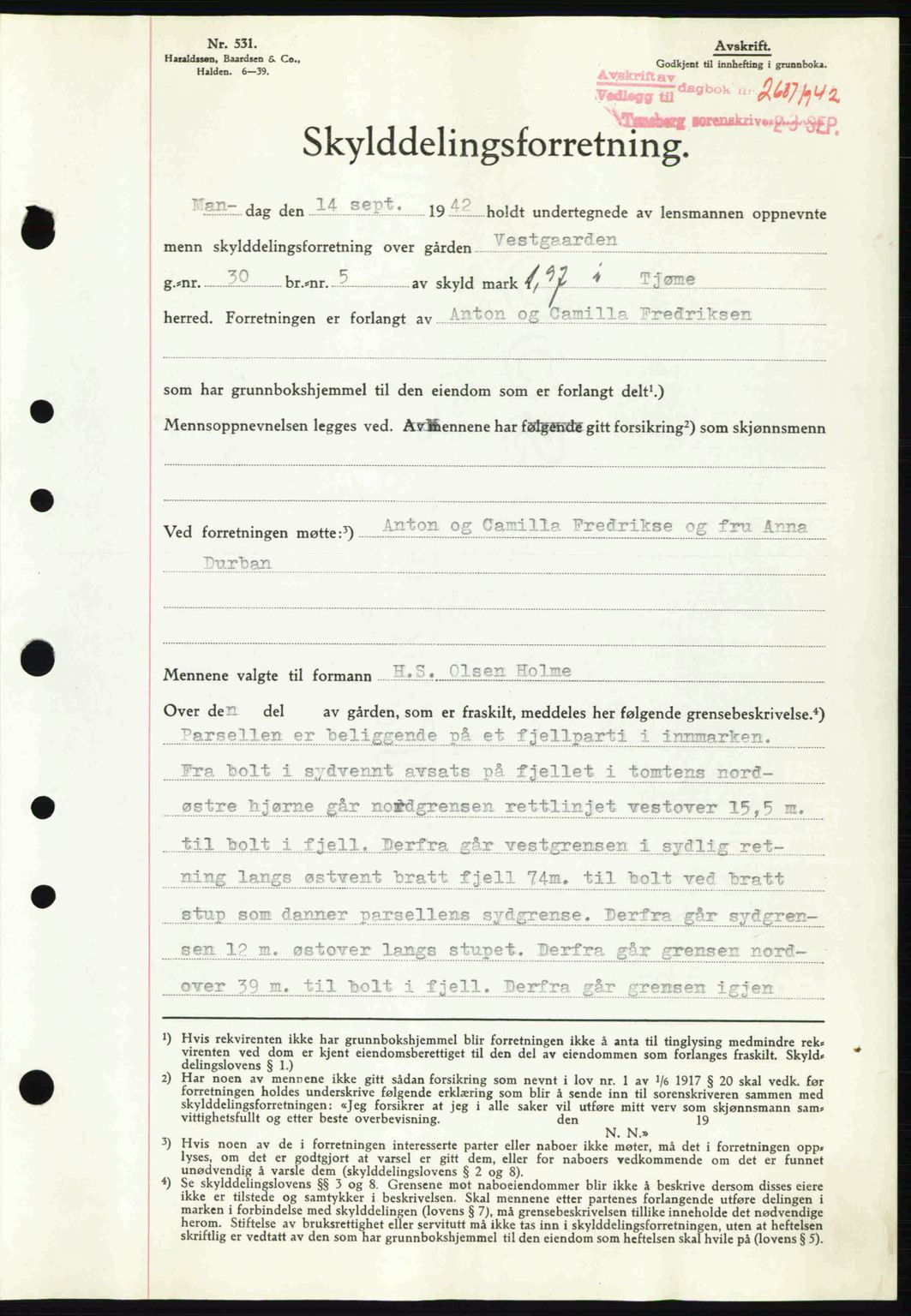 Tønsberg sorenskriveri, AV/SAKO-A-130/G/Ga/Gaa/L0012: Mortgage book no. A12, 1942-1943, Diary no: : 2687/1942