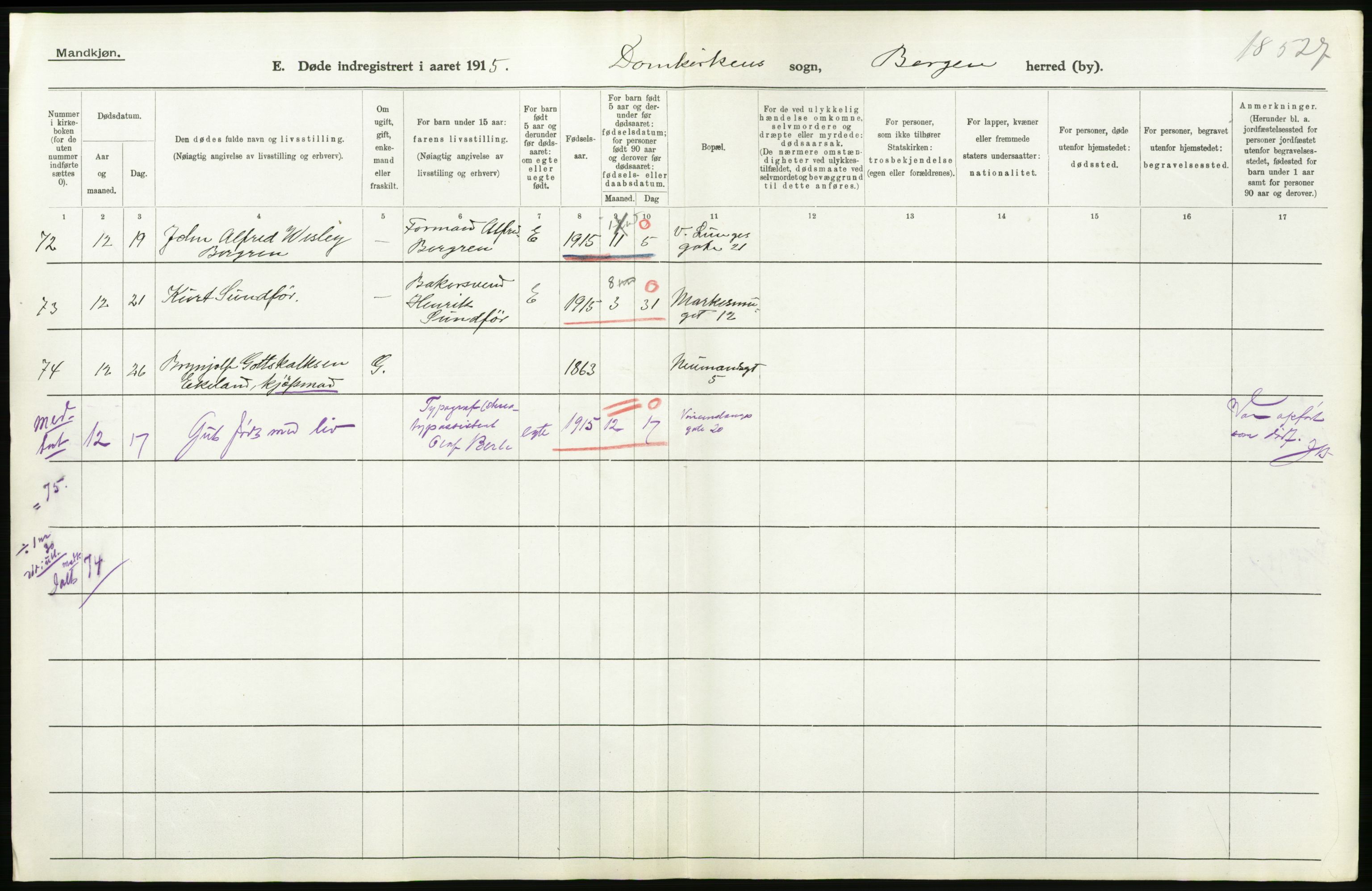 Statistisk sentralbyrå, Sosiodemografiske emner, Befolkning, RA/S-2228/D/Df/Dfb/Dfbe/L0034: Bergen: Gifte, døde, dødfødte., 1915, p. 674