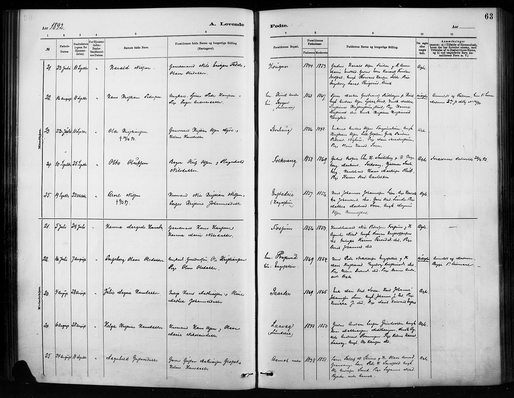 Nordre Land prestekontor, AV/SAH-PREST-124/H/Ha/Haa/L0004: Parish register (official) no. 4, 1882-1896, p. 63