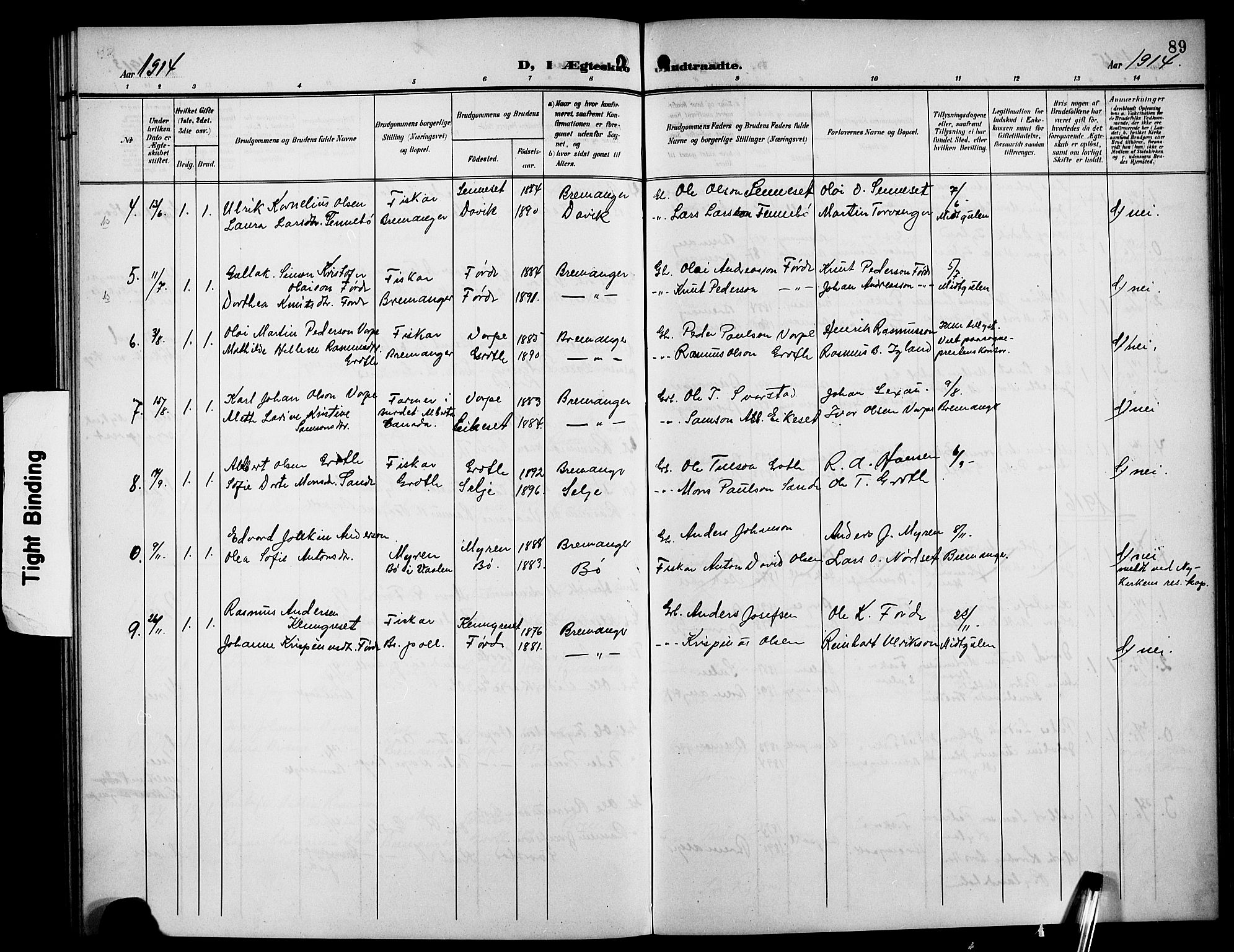 Bremanger sokneprestembete, SAB/A-82201/H/Hab/Habc/L0001: Parish register (copy) no. C 1, 1908-1919, p. 89
