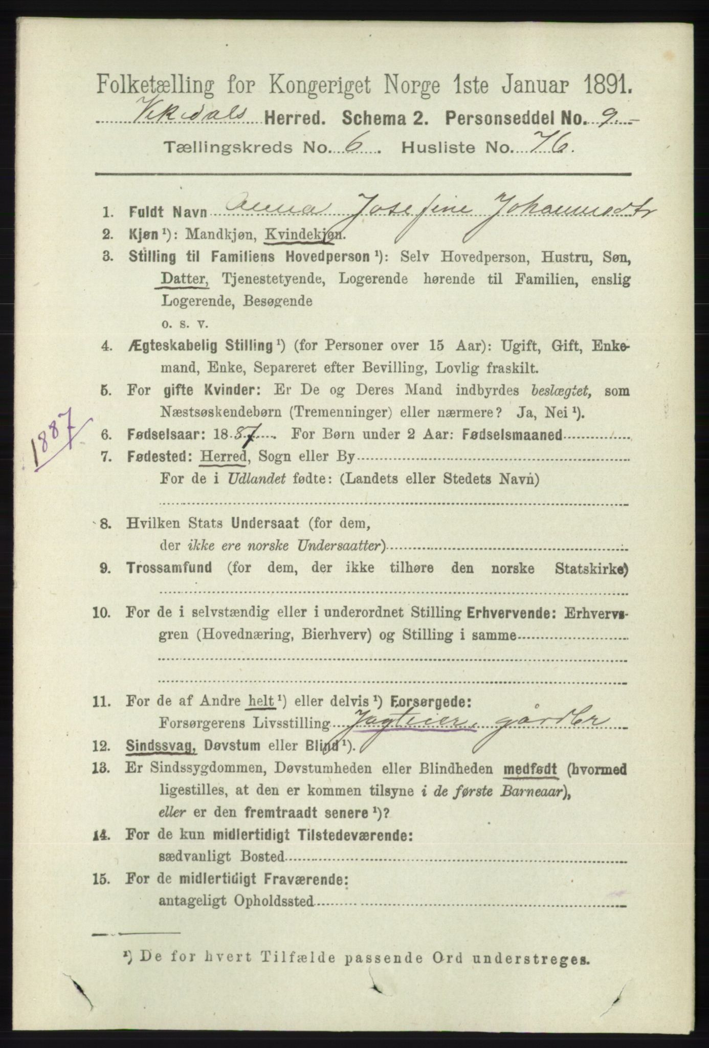 RA, 1891 census for 1157 Vikedal, 1891, p. 1982