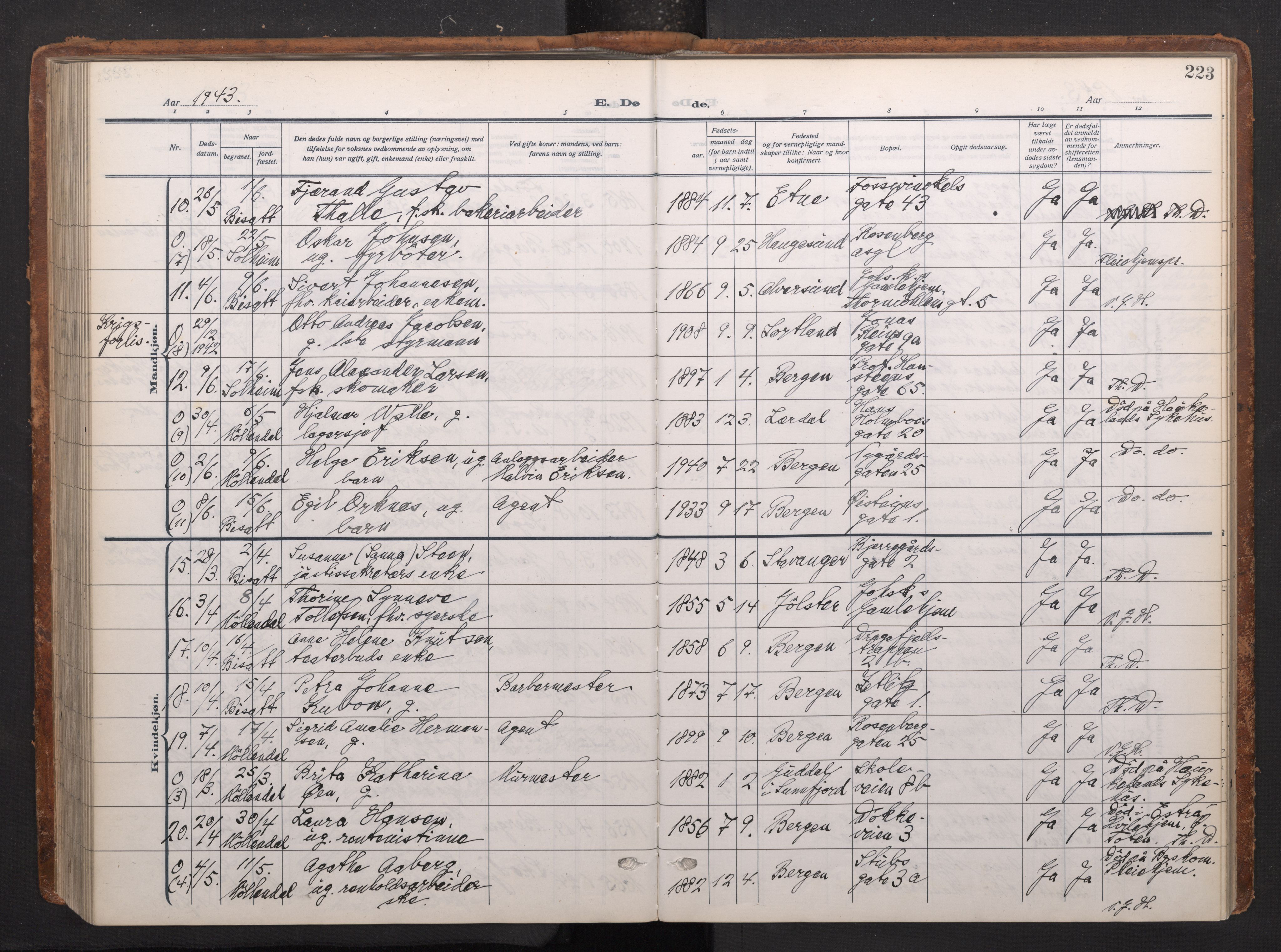 Johanneskirken sokneprestembete, AV/SAB-A-76001/H/Haa/L0020: Parish register (official) no. E 2, 1916-1951, p. 223