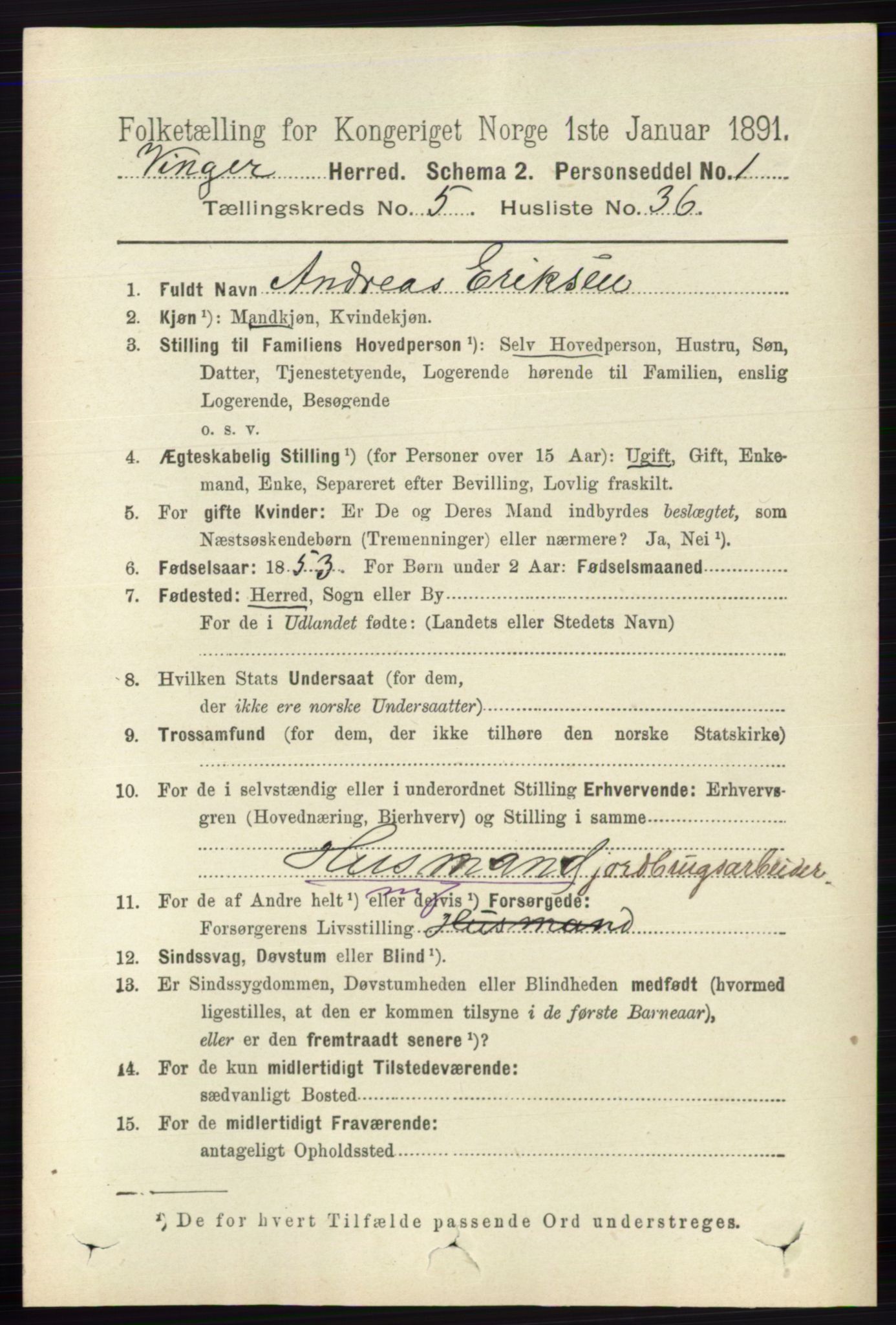 RA, 1891 census for 0421 Vinger, 1891, p. 2246