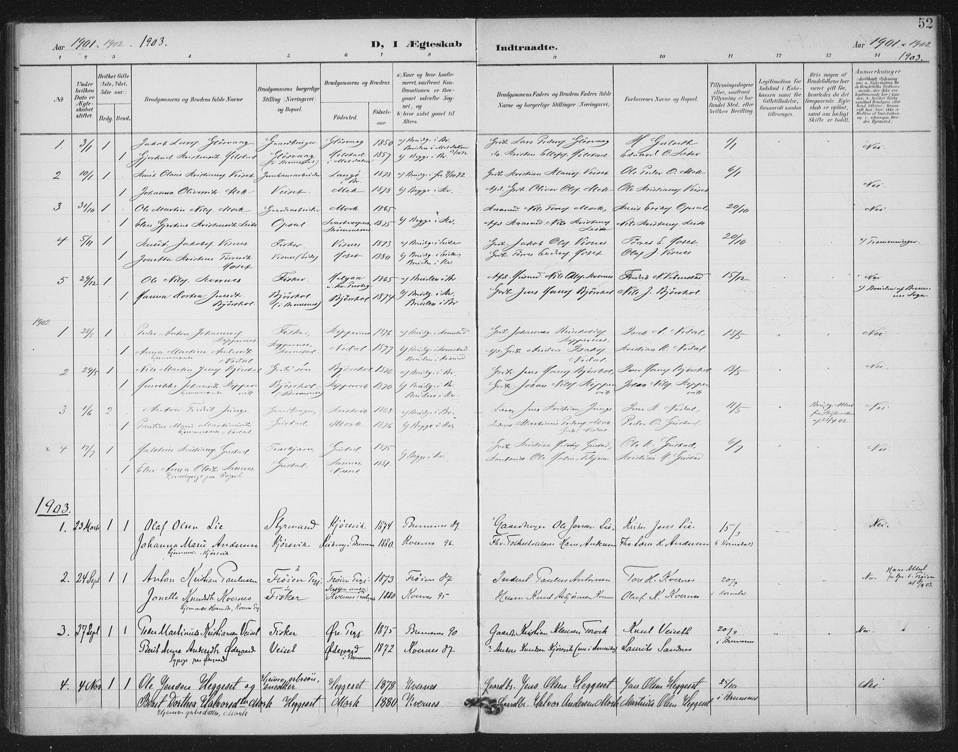 Ministerialprotokoller, klokkerbøker og fødselsregistre - Møre og Romsdal, SAT/A-1454/568/L0810: Parish register (official) no. 568A14, 1901-1915, p. 52