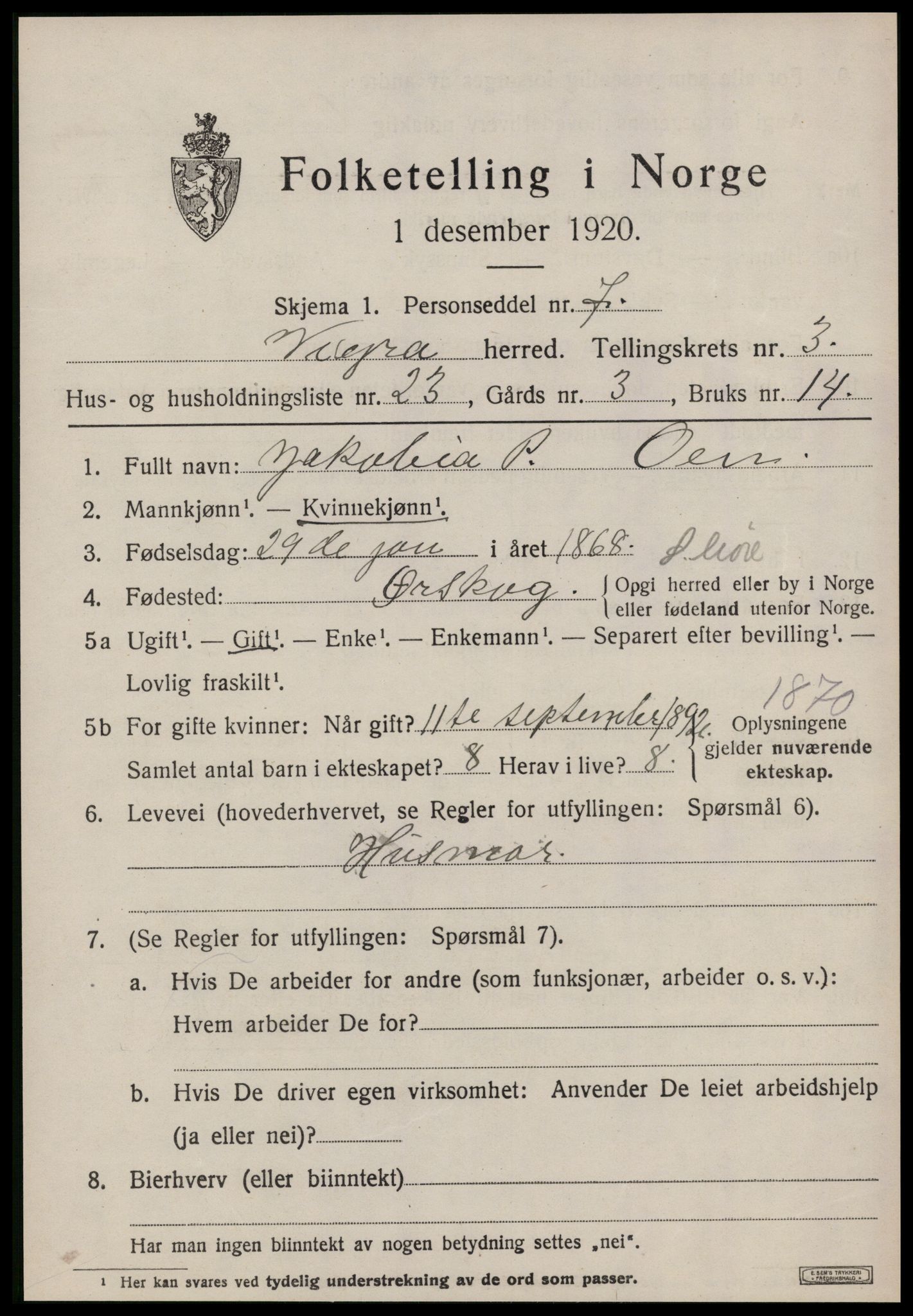 SAT, 1920 census for Vigra, 1920, p. 1664