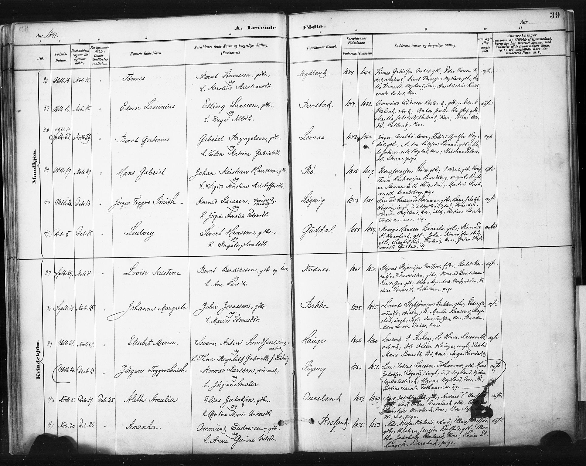 Sokndal sokneprestkontor, AV/SAST-A-101808: Parish register (official) no. A 11.1, 1887-1905, p. 39