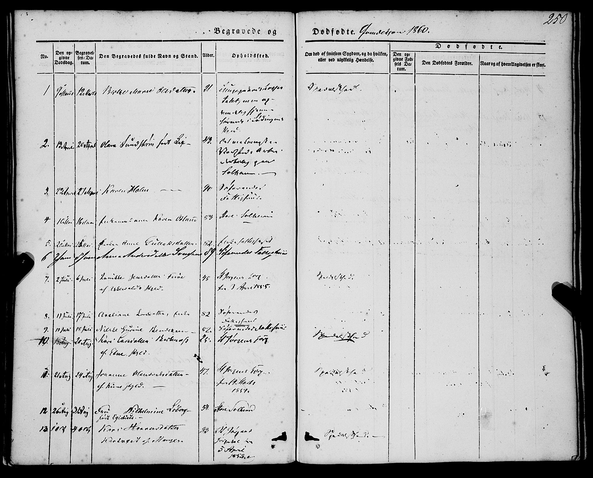 St. Jørgens hospital og Årstad sokneprestembete, AV/SAB-A-99934: Parish register (official) no. A 4, 1844-1863, p. 250