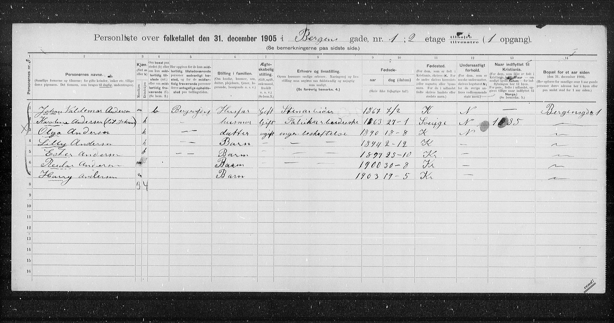 OBA, Municipal Census 1905 for Kristiania, 1905, p. 1900