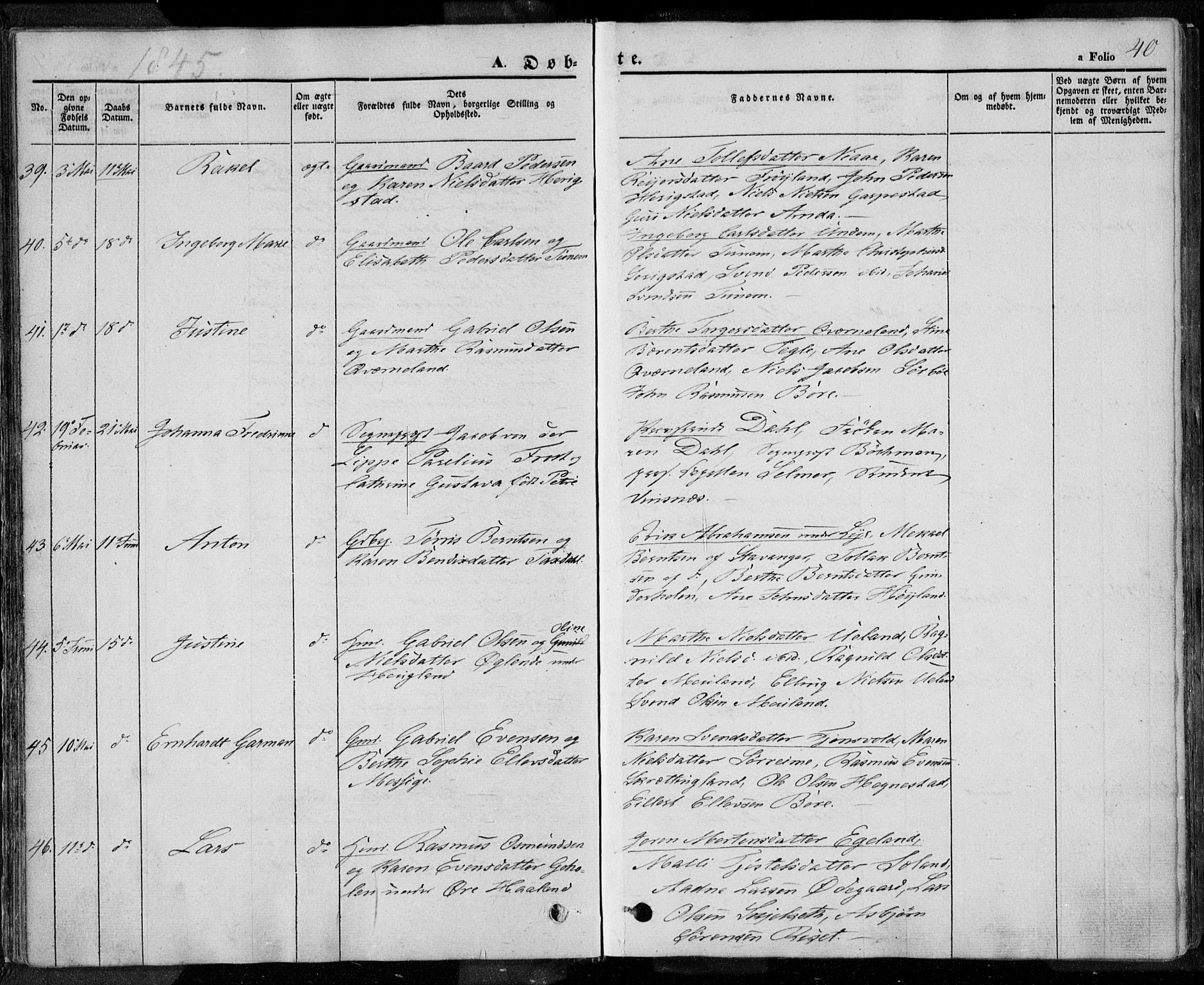 Lye sokneprestkontor, SAST/A-101794/001/30BA/L0005: Parish register (official) no. A 5.1, 1842-1855, p. 40
