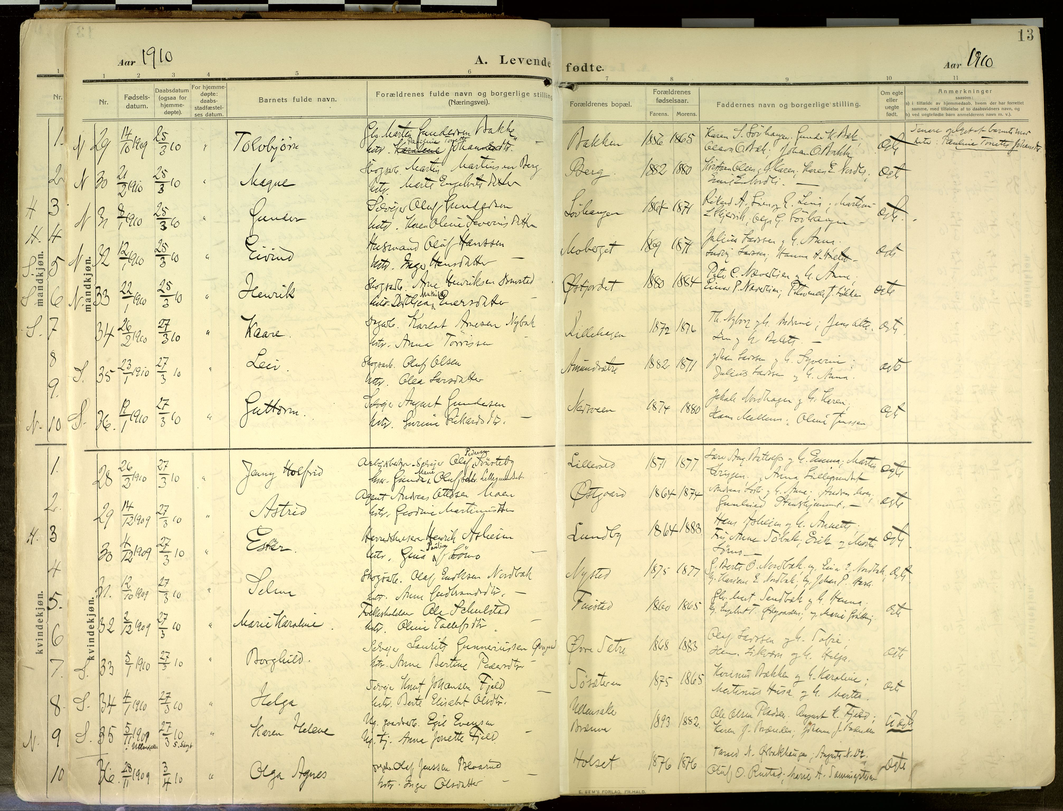 Elverum prestekontor, AV/SAH-PREST-044/H/Ha/Haa/L0020: Parish register (official) no. 20, 1909-1921, p. 13