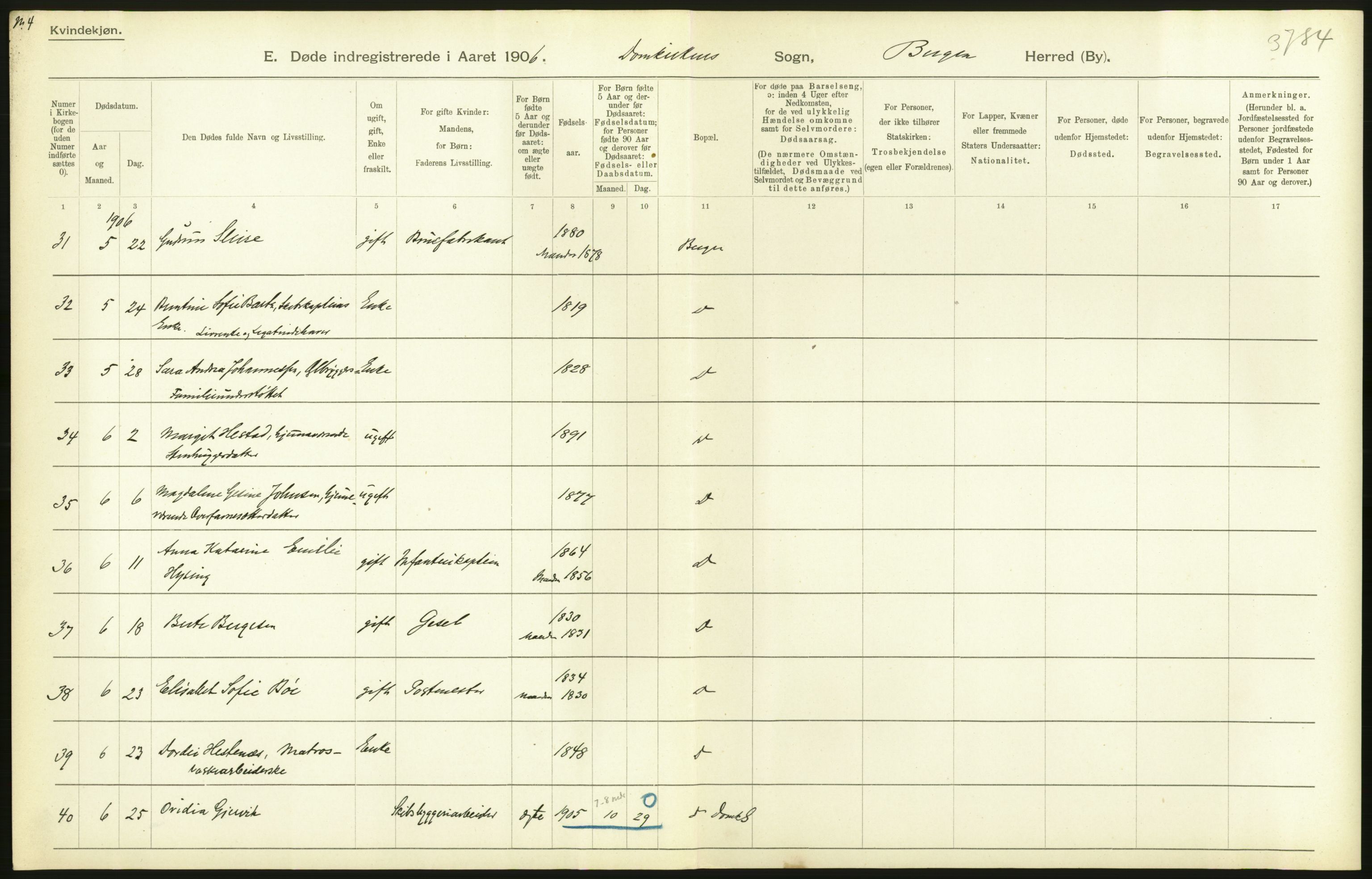 Statistisk sentralbyrå, Sosiodemografiske emner, Befolkning, AV/RA-S-2228/D/Df/Dfa/Dfad/L0032: Bergen: Gifte, døde, dødfødte., 1906, p. 126