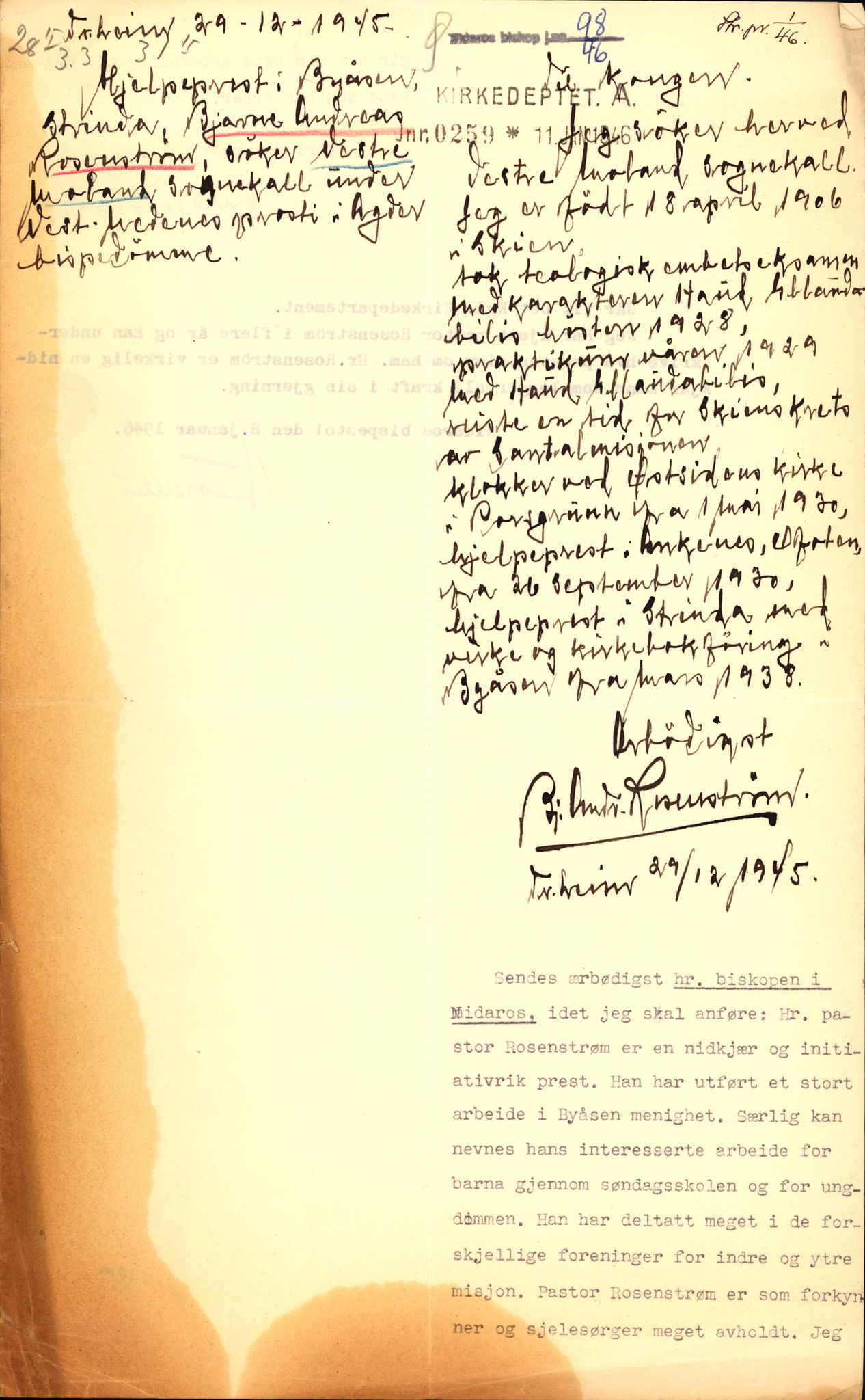 Kirke- og undervisningsdepartementet, Kontoret  for kirke og geistlighet A, AV/RA-S-1007/Dcb/L0147: Embetssøknader. Rosenstrøm - Rummelhof, 1850-1953, p. 2