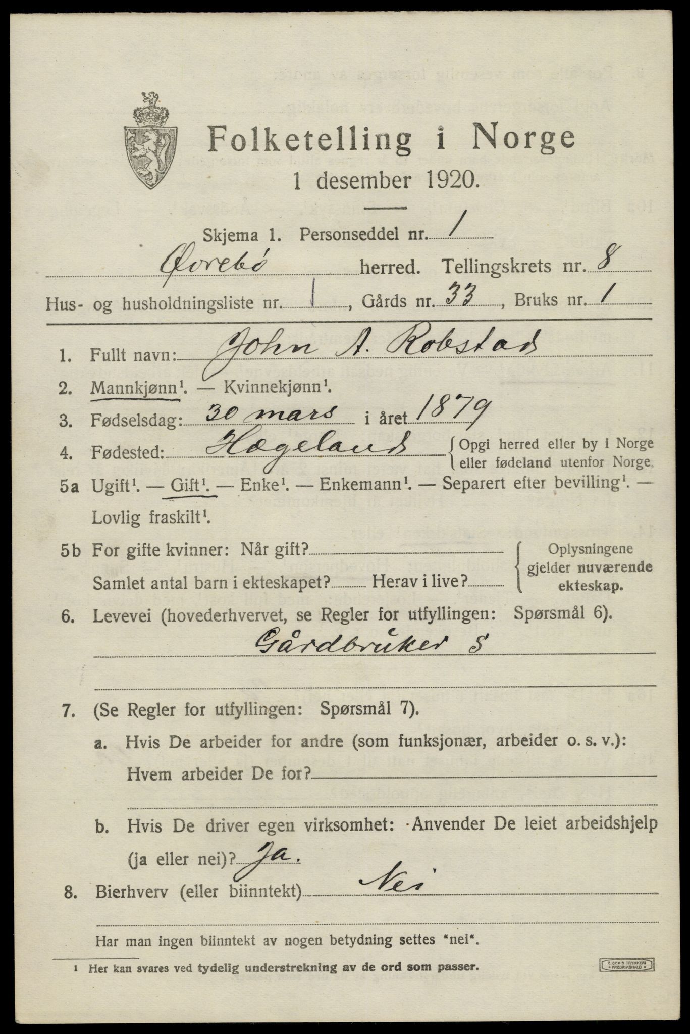 SAK, 1920 census for Øvrebø, 1920, p. 1700