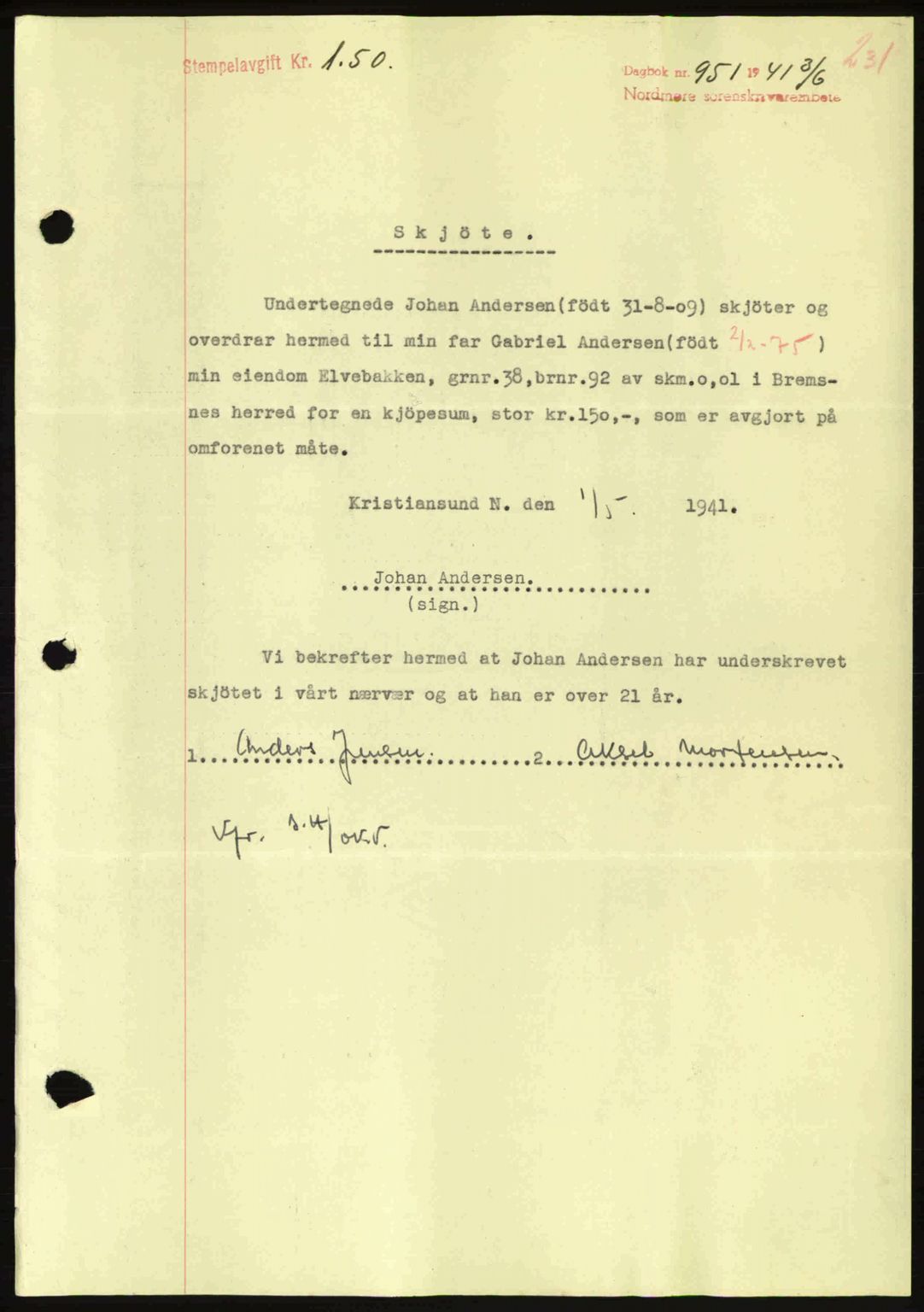 Nordmøre sorenskriveri, SAT/A-4132/1/2/2Ca: Mortgage book no. A90, 1941-1941, Diary no: : 951/1941