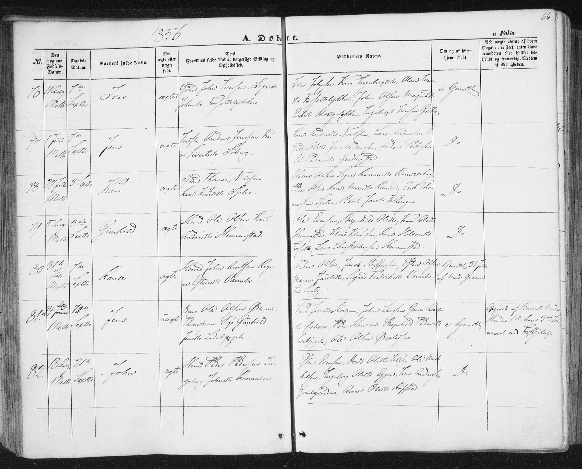 Ministerialprotokoller, klokkerbøker og fødselsregistre - Sør-Trøndelag, AV/SAT-A-1456/691/L1076: Parish register (official) no. 691A08, 1852-1861, p. 66