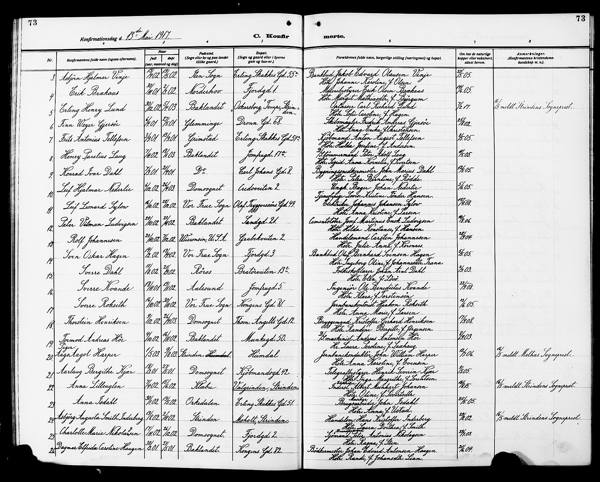 Ministerialprotokoller, klokkerbøker og fødselsregistre - Sør-Trøndelag, SAT/A-1456/602/L0147: Parish register (copy) no. 602C15, 1911-1924, p. 73