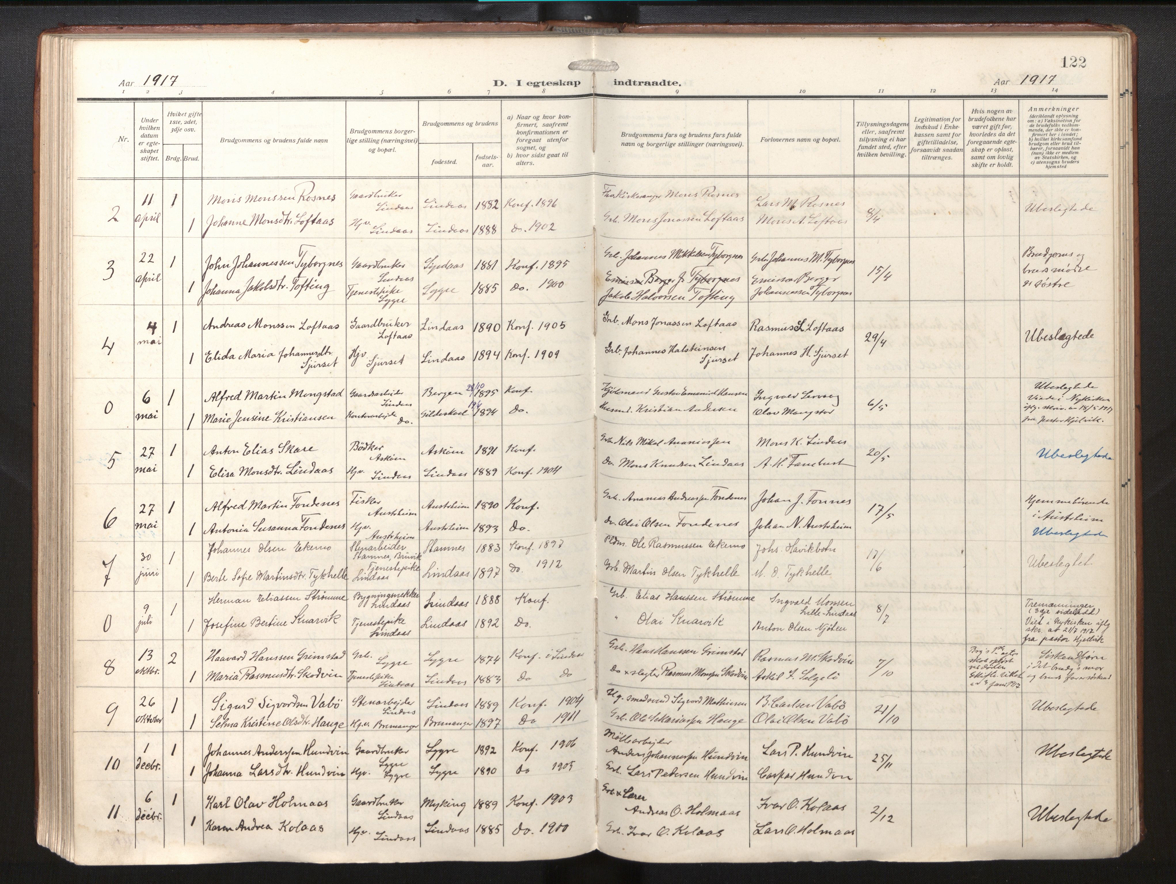 Lindås Sokneprestembete, SAB/A-76701/H/Haa/Haab/L0003: Parish register (official) no. B 3, 1912-1929, p. 122