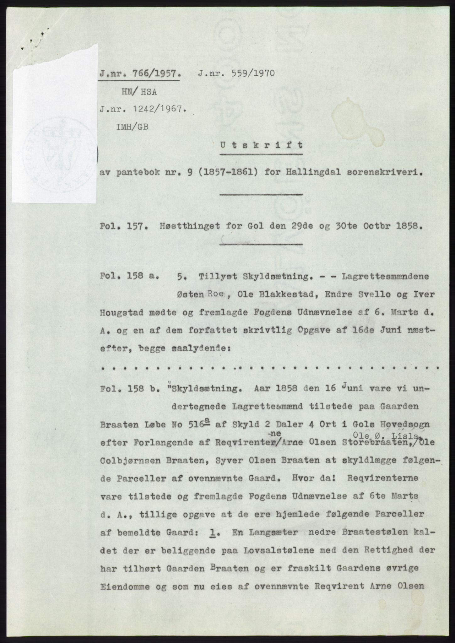Statsarkivet i Kongsberg, AV/SAKO-A-0001/E/Ee/L0009: Avskrifter, SAO jnr. 354/1957 - 770/1957, 1957, p. 407